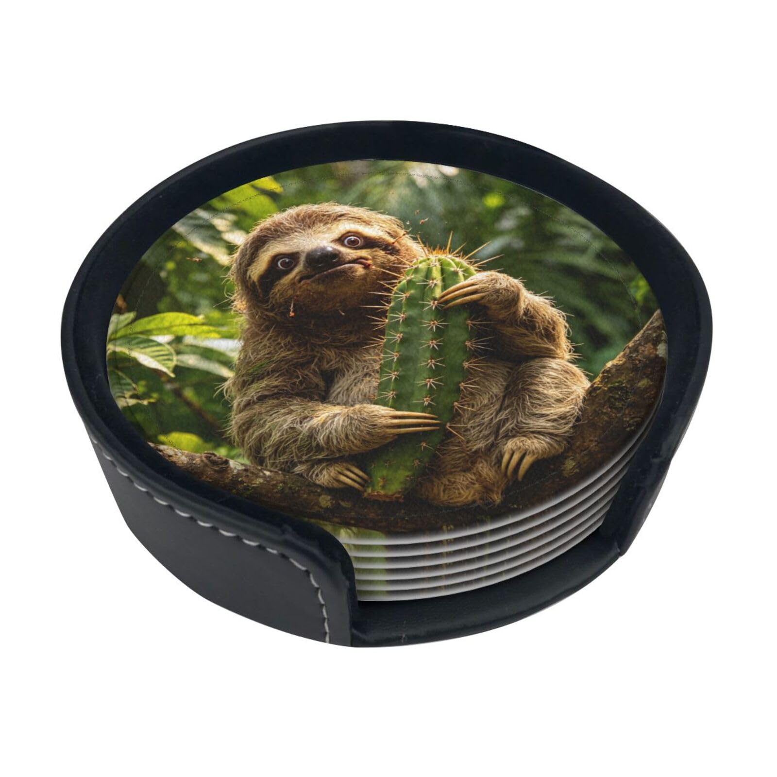 Cactus and sloth Leather Coasters-Set of 6 with Storage Holder