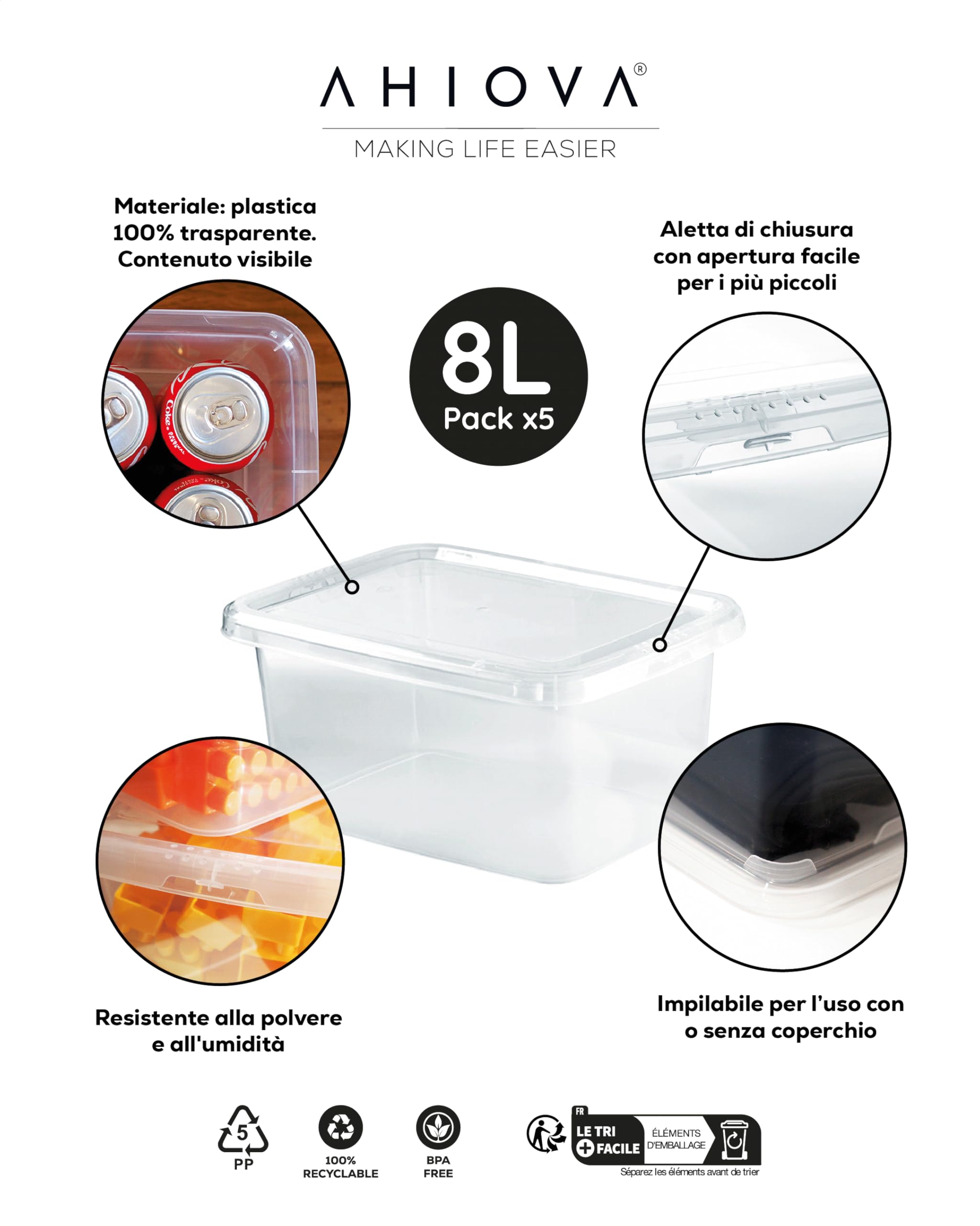 Scatole Plastica 8L con Coperchio Set 5 Portaoggetti Impilabili 100% Trasparenti Click Pressione 33x24x15,5cm Bagno Garage Ufficio Salvaspazio Senza BPA Prodotte Europeo