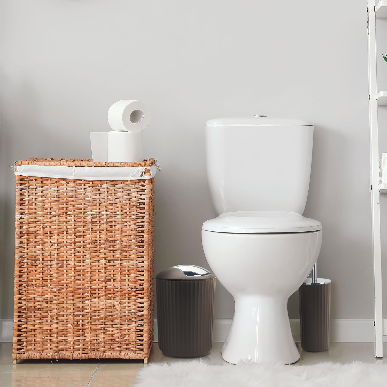 Set di accessori da bagno – Set di accessori da bagno marrone da 10 pezzi con cestino, portaspazzolino e tazza, dispenser per sapone, portasapone, portascopino WC, vassoio da toeletta, supporto Qtip