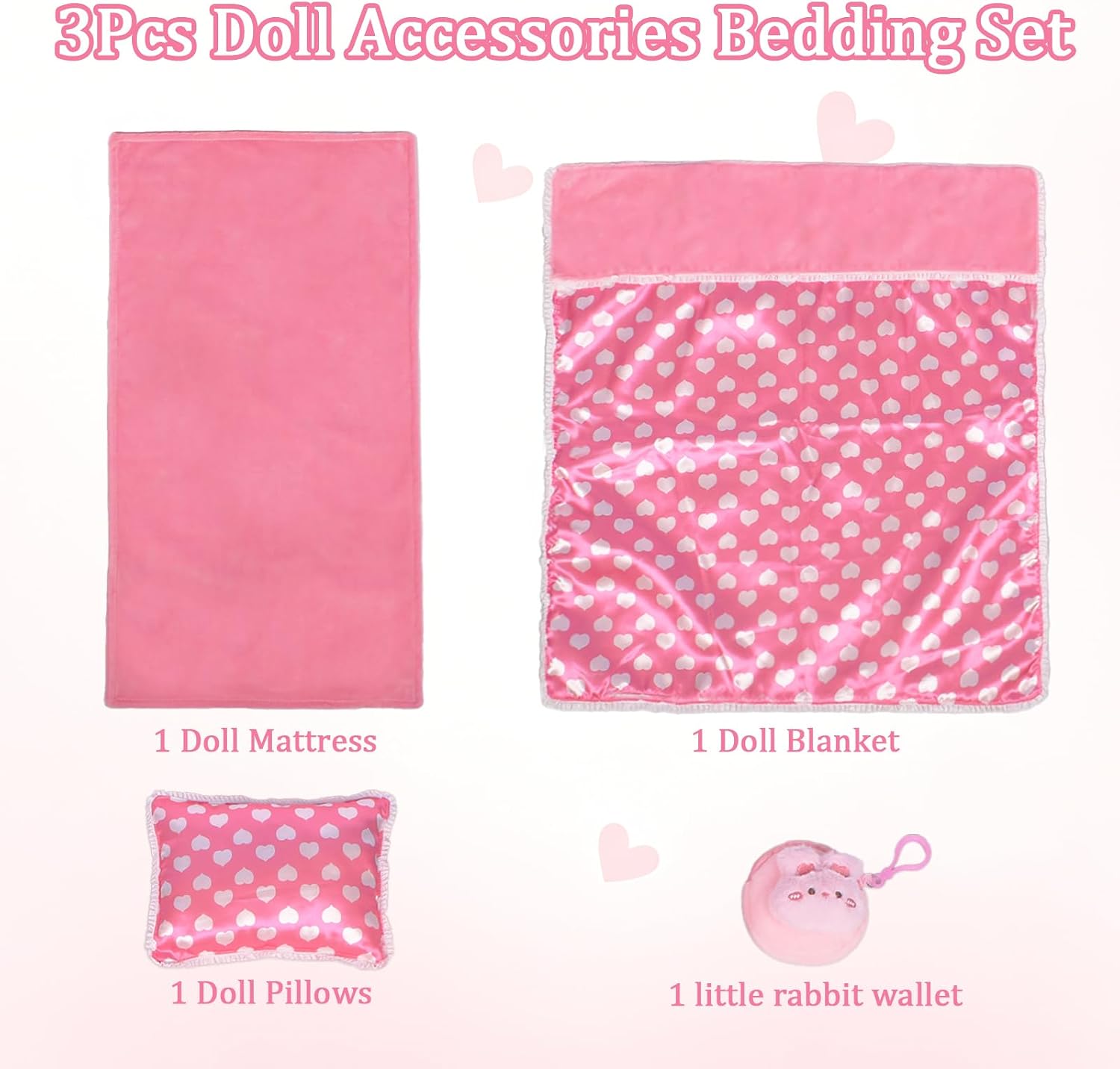 3Pcs Doll Bedding Accessories Set, Soft Blanket Mattress Pillow, Fits 16–18 Inch Dolls, Compatible with 18 Inch Doll Beds