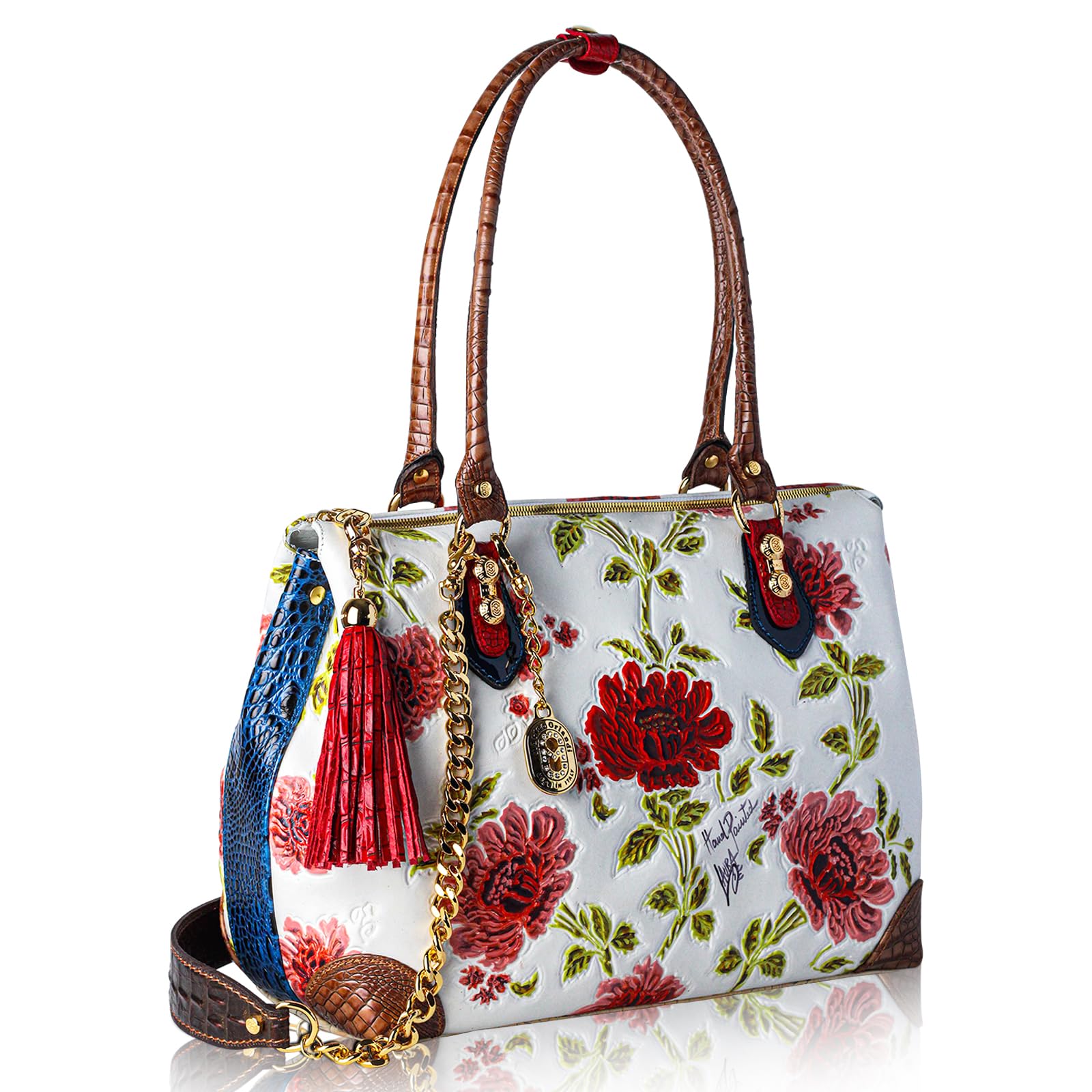 Leather Handbags Purses for Women Alabaster Red Peonies Handpainted Tote Italian Designer Large Bag