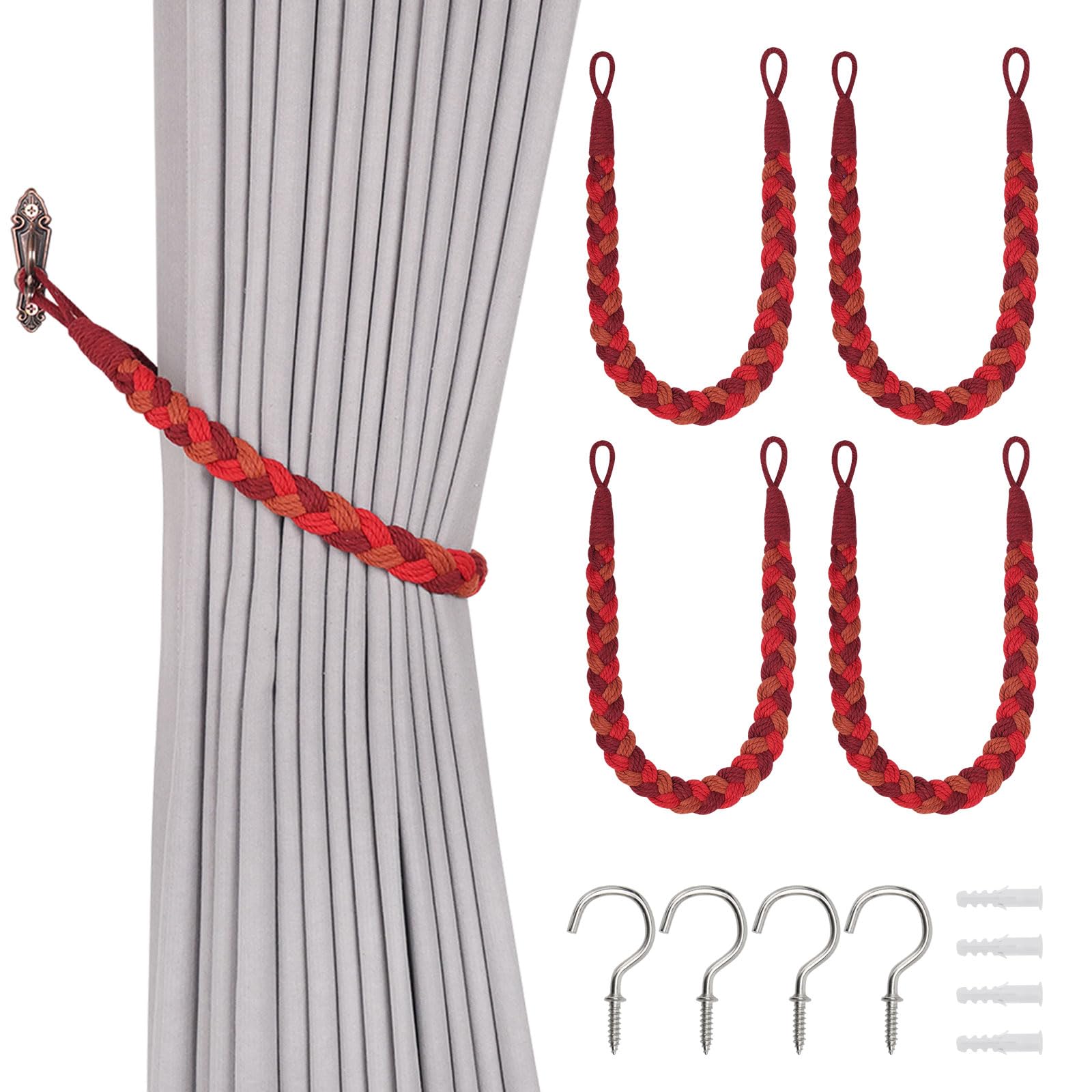 Pretty Jolly 4 Pack Natural Cotton Rope Curtain Tiebacks Elegant Boho Style Decorative Drape Tie Backs Soft Hand-Woven Rope Curtain Holdbacks with Metal Hook for Home & Office Drapery (Sunset Red)