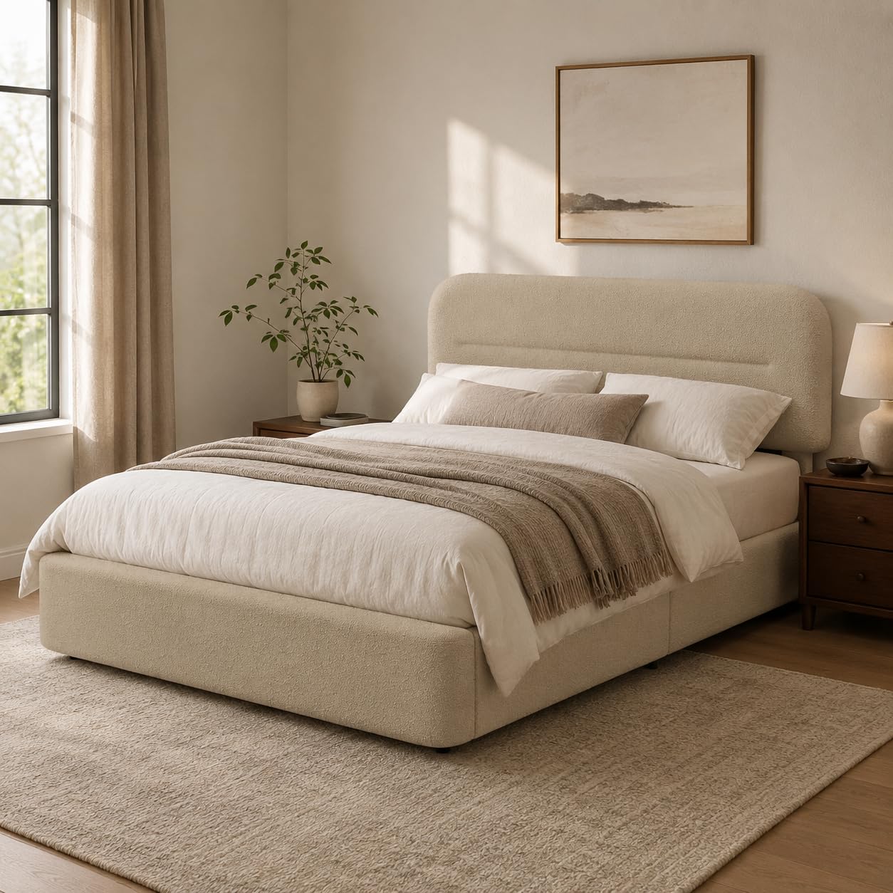 HOMBCK Queen Bed Frame, Beige Boucle Upholstered Bed