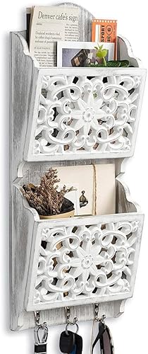 Miniatura 9 de Organizador de correo de 2 ranuras con 4 ganchos, soporte rústico para llaves y correo para decoración del hogar, ganchos de madera para llaves de