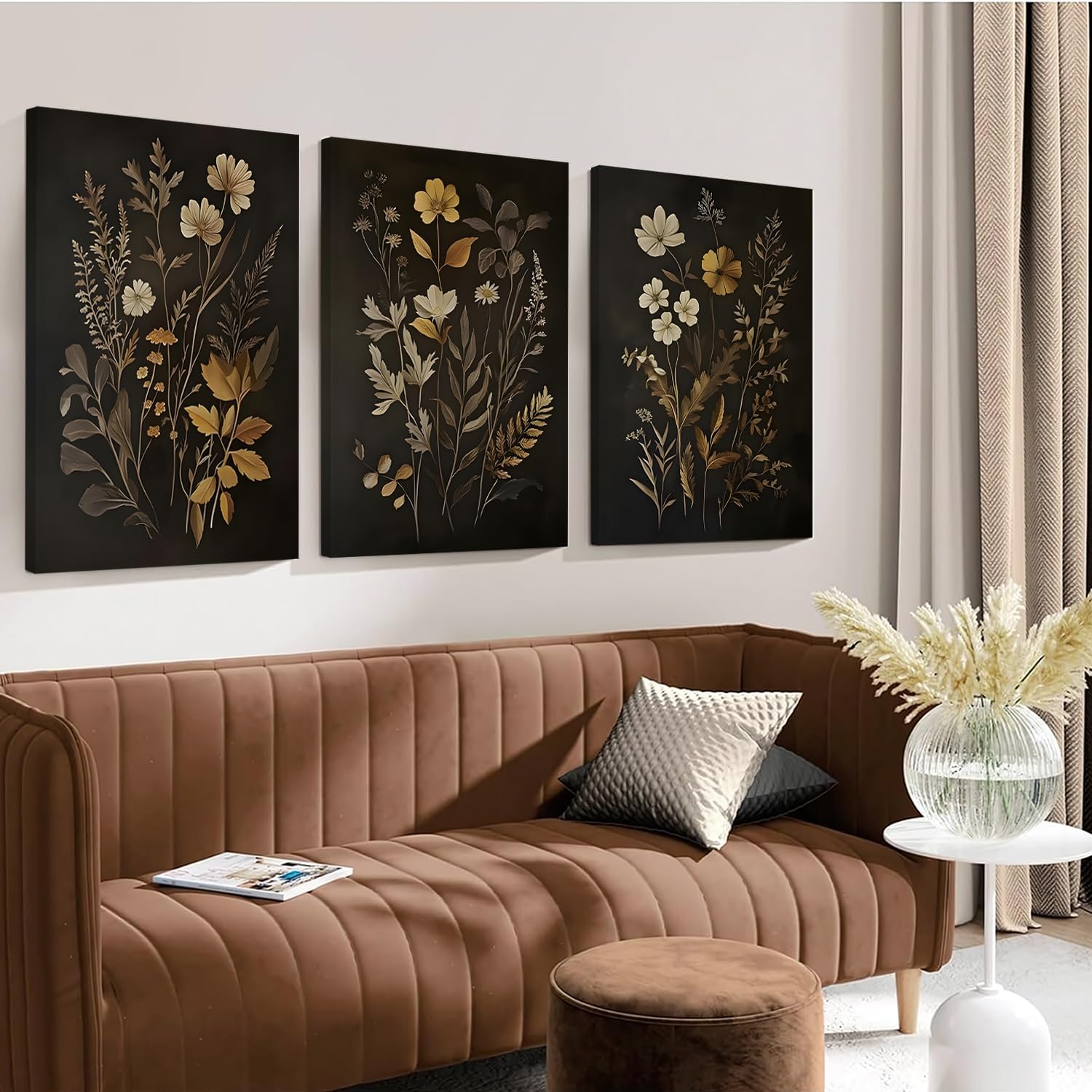 Yudinbin Vintage Dark Botanical Canvas Wall Art Set of 3 Cottagecore Academia Wildflower Wall Decor Rustic Fall Floral Flower Poster Prints for Bedroom Living Room 16x12 Inch Framed - Image 2