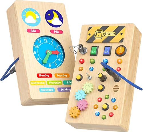 Pussan Tablero de actividades para niños pequeños, juguetes Montessori de madera para niños de 1 año en adelante, juguetes sensoriales con luz LED e
