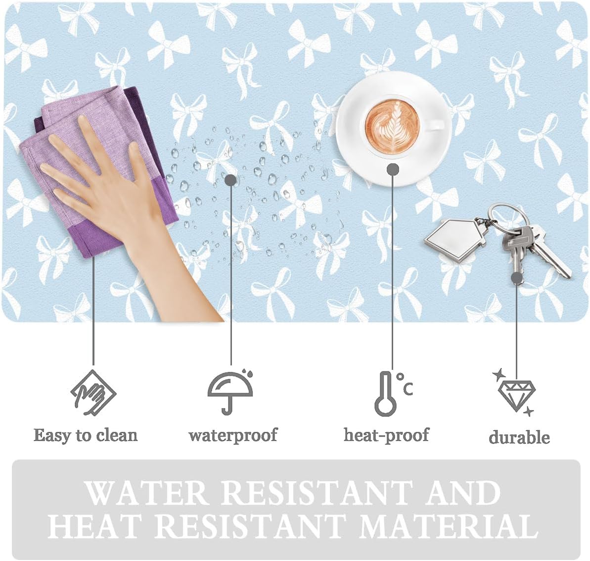 Cute Kawaii White Bow Blue Extended Gaming Keyboard Mouse Pad, Non-Slip Leather Home Office Desk Mat Protector