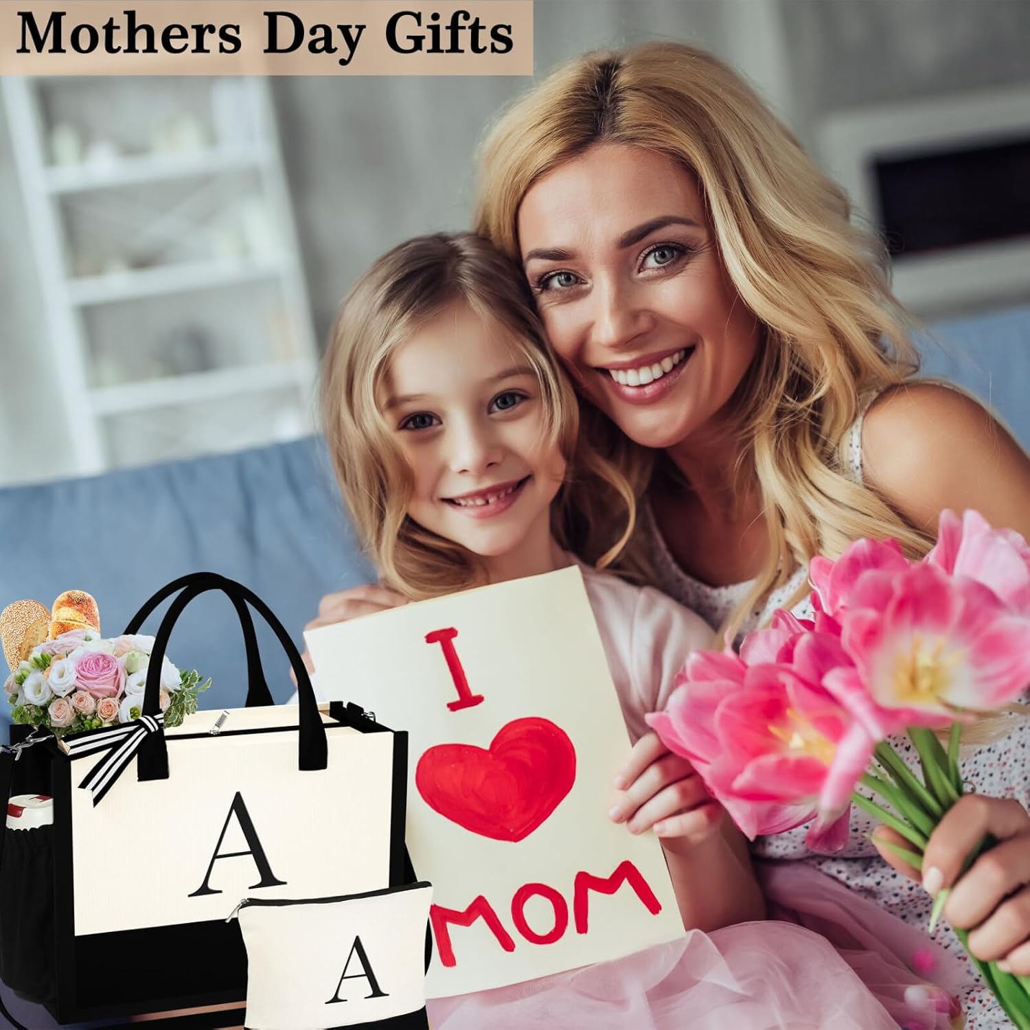 YOOLIFE Mothers Day Gifts - Initial Canvas Tote Bag & Makeup Bag, Birthday Gifts for Women Mom Sister Friends