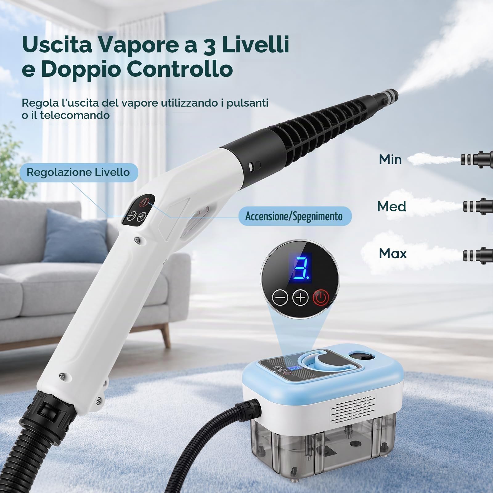 Pulitore a Vapore Portatile 2000 W, 6 Spazzole, Serbatoio 2.5 L, Pulitore a Vapore 3 Bar, con 3 Velocità Regolabili, per la casa multiuso, per finestre, cappe, tessuti