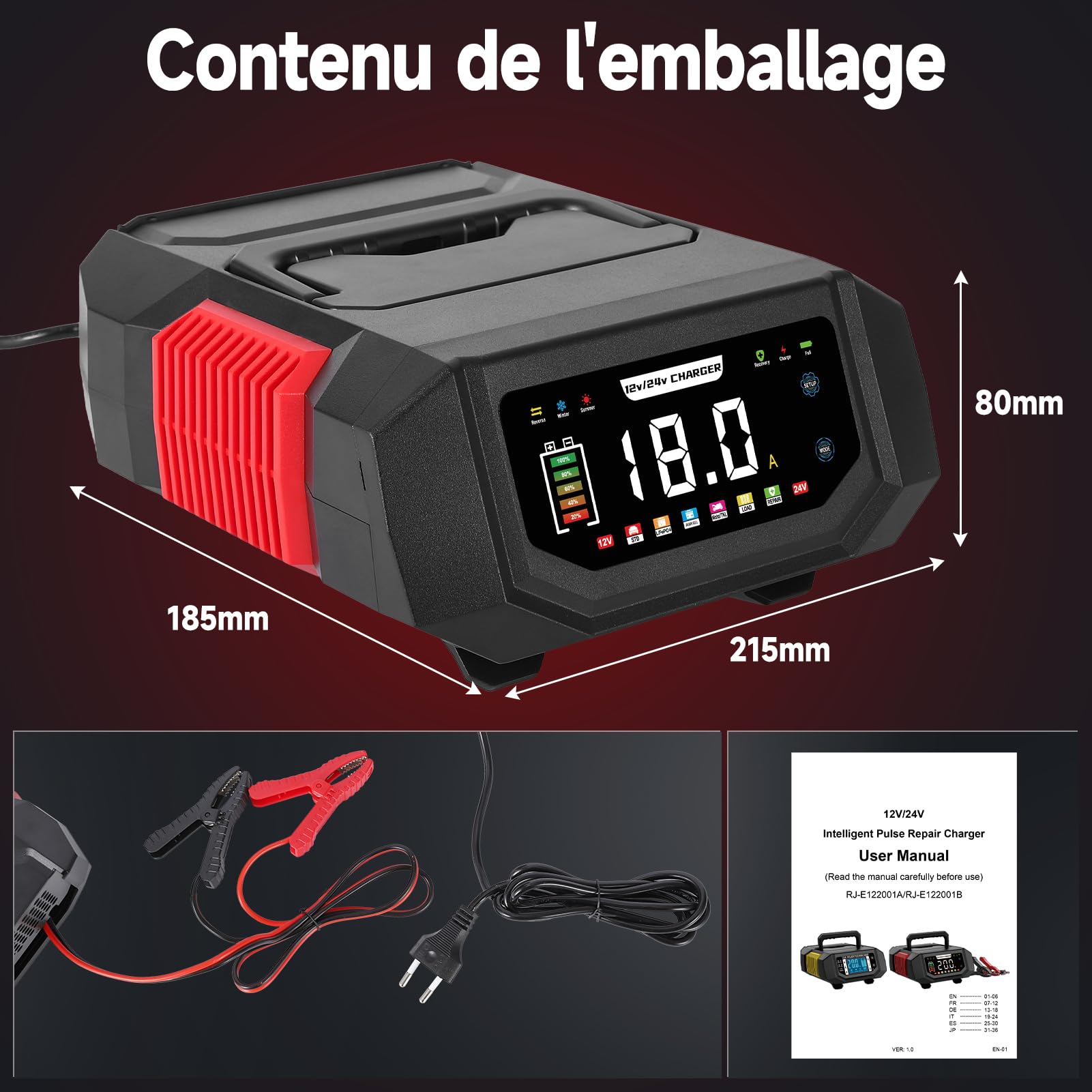 HAUSPROFI Chargeur Batterie Voiture & Moto 12V/24V 20A Intelligent - Courant Réglable (1A-20A), Mode Réparation & Maintien de Charge pour Plomb, AGM, Gel, Lithium LiFePO4, Camion, Camping-Car