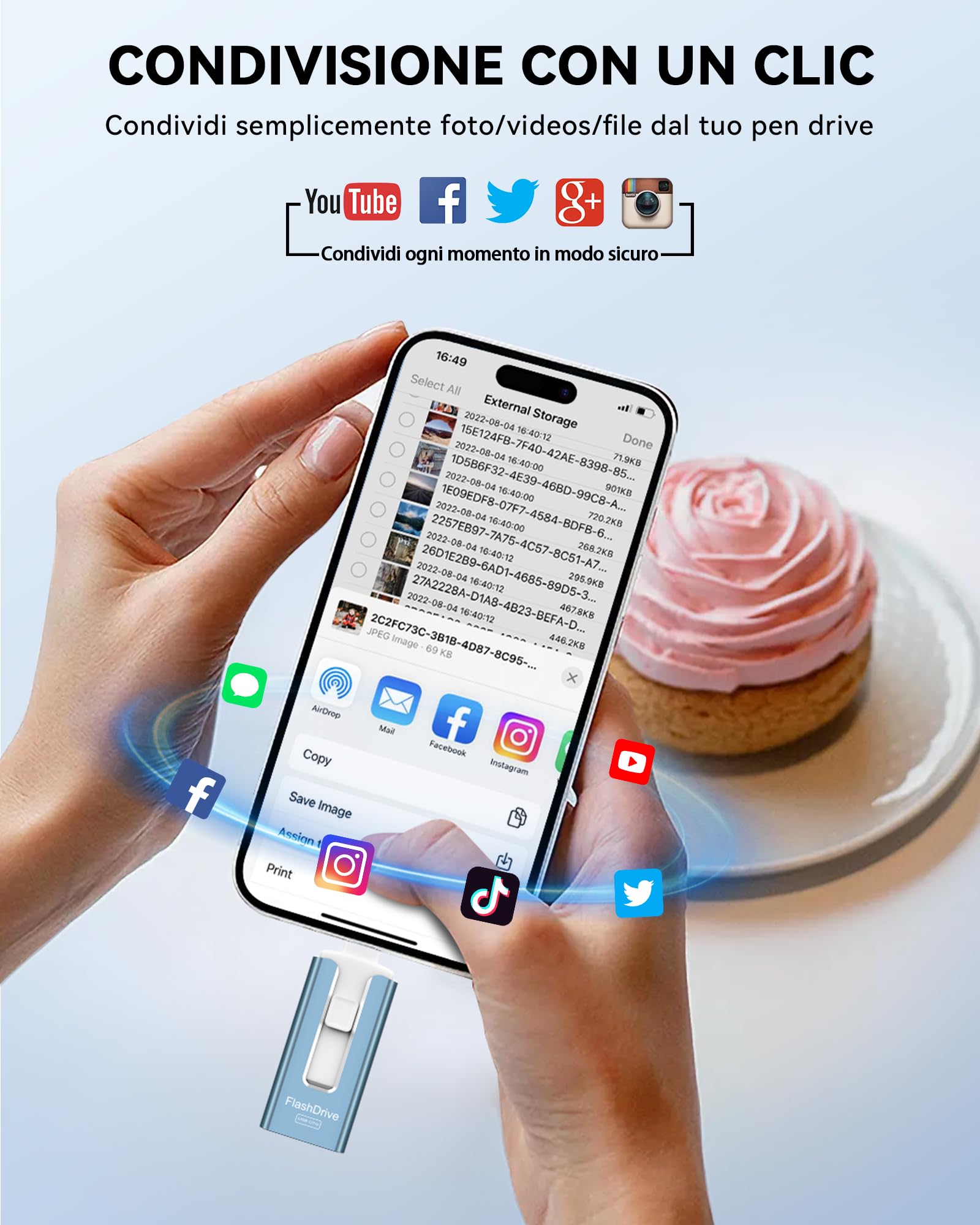 Chiavetta USB 256GB per iPhone, certificata MFi, con Lightning, Type A, Type-C e micro USB, compatibile con iPhone, iPad, Android e PC, USB 3.0 veloce, espansione di foto, documenti e video,Blu