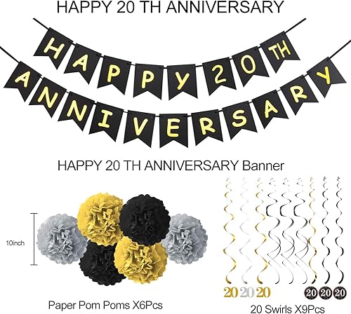 Miniatura 2 de Yoaokiy Kit de suministros de decoración de 20 aniversario, incluye pancarta con purpurina de feliz 20 aniversario, 9 espirales colgantes, 6