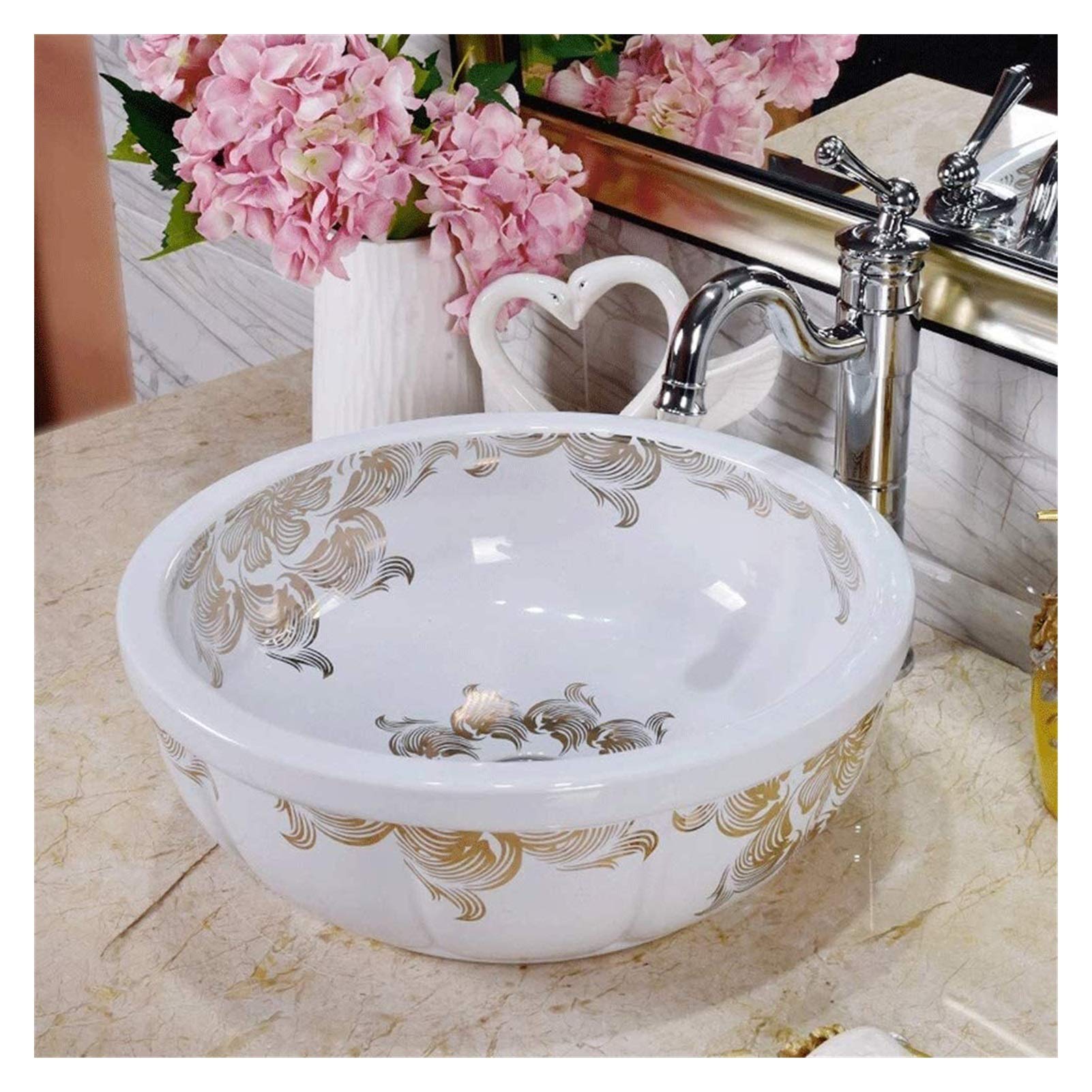 OLSKFUH Bathroom Bar Vanity Vessel Sinks Above Counter 15" Bathroom Round Porcelain Vessel Sink Above Counter White Countertop Ceramic Art Bowl Sink,