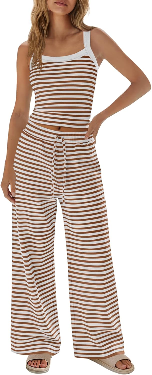 Nirovien Womens Lounge Sets Striped 2 Piece Outfits Spaghetti Strap Tank Tops and Wide Leg Pants Vacation Travel Sets