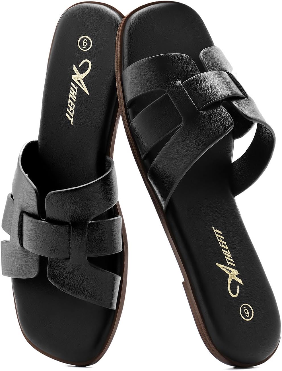 Athlefit Women's Flat Sandals Dressy Summer Square Open Toe Slip On Leather Slide Sandals - Image 6