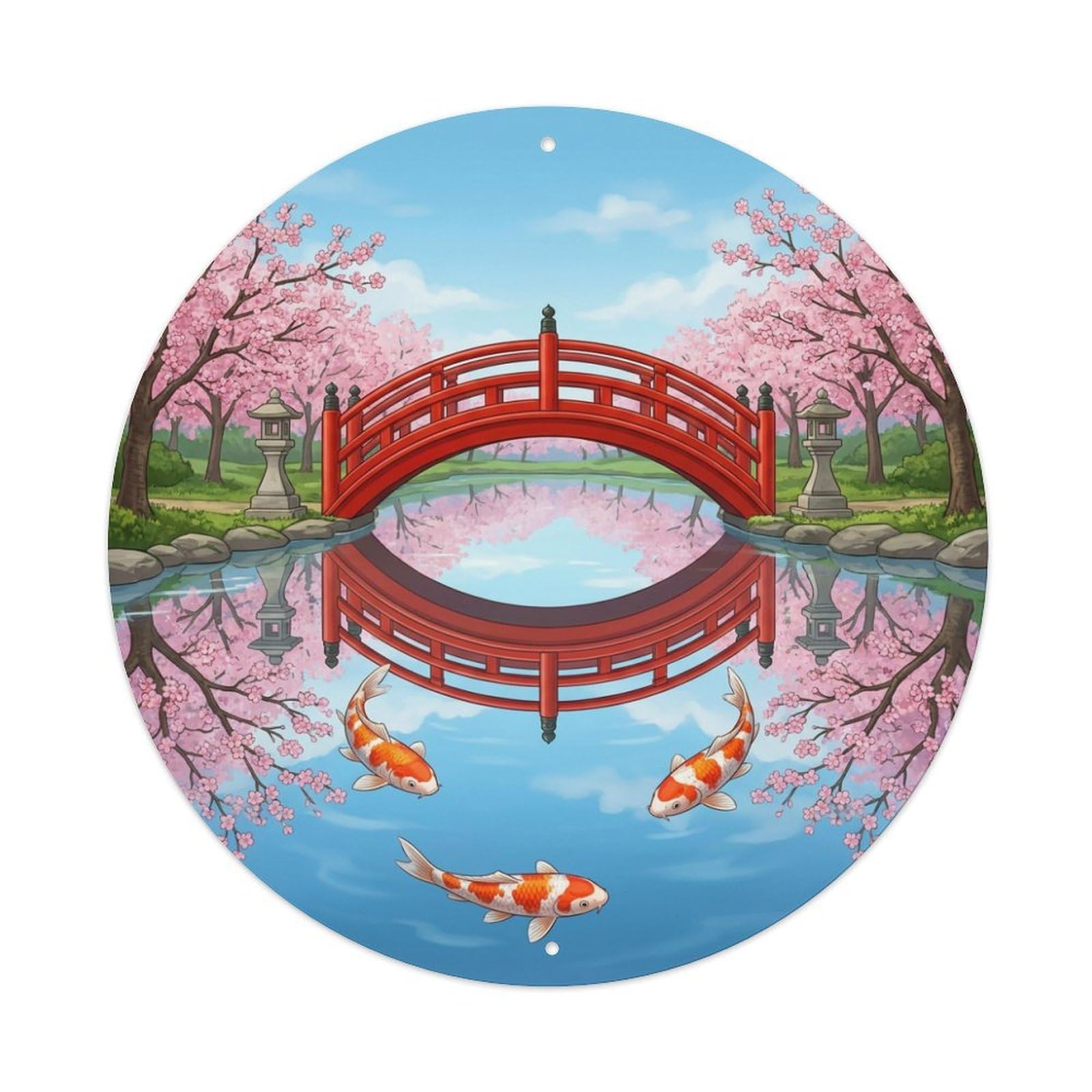 Galvaxio Style Japanese Koi Fish Red Bridge Reflection Mirror Metal Tin Sign