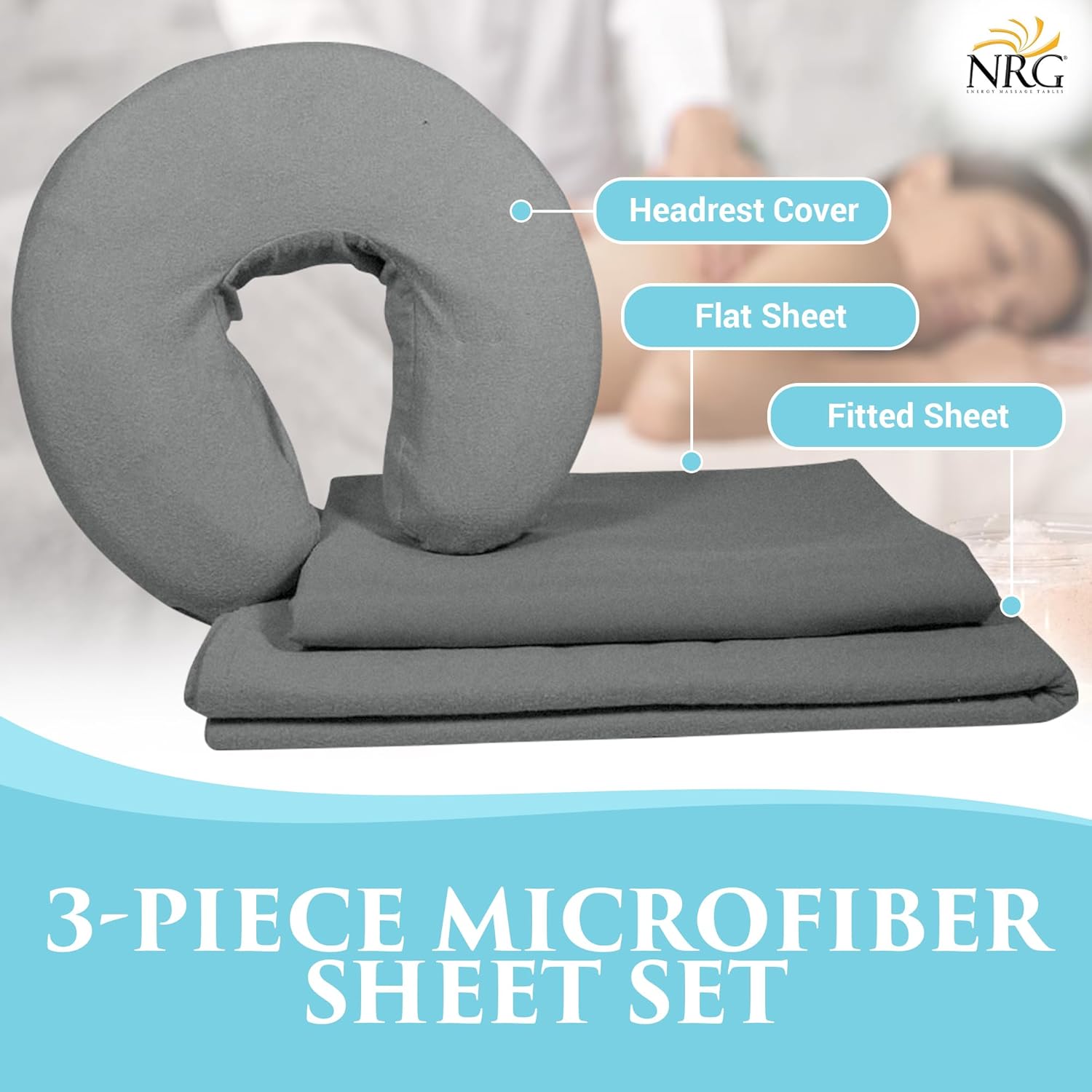 Premium Microfiber 3 Piece Massage Sheet Set by NRG - Includes Massage Table Flat Sheet, Fitted Sheet and Face Rest Cover - 100% Double Brushed Polyester, Soft as Silk - 120 GSM - Color: Stone
