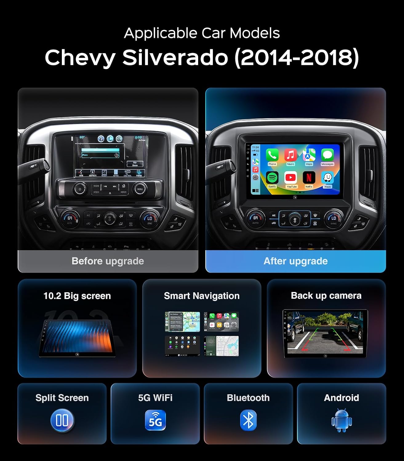 10" 64G Car Stereo for GMC Sierra Chevy Silverado 2014 2015 2016 2017 2018 Upgrade, Touchscreen Radio Head Unit Carplay/Android Auto/GPS/Bluetooth/AM/FM Radio/HD Backup Cam/SWC/Support Bose-System