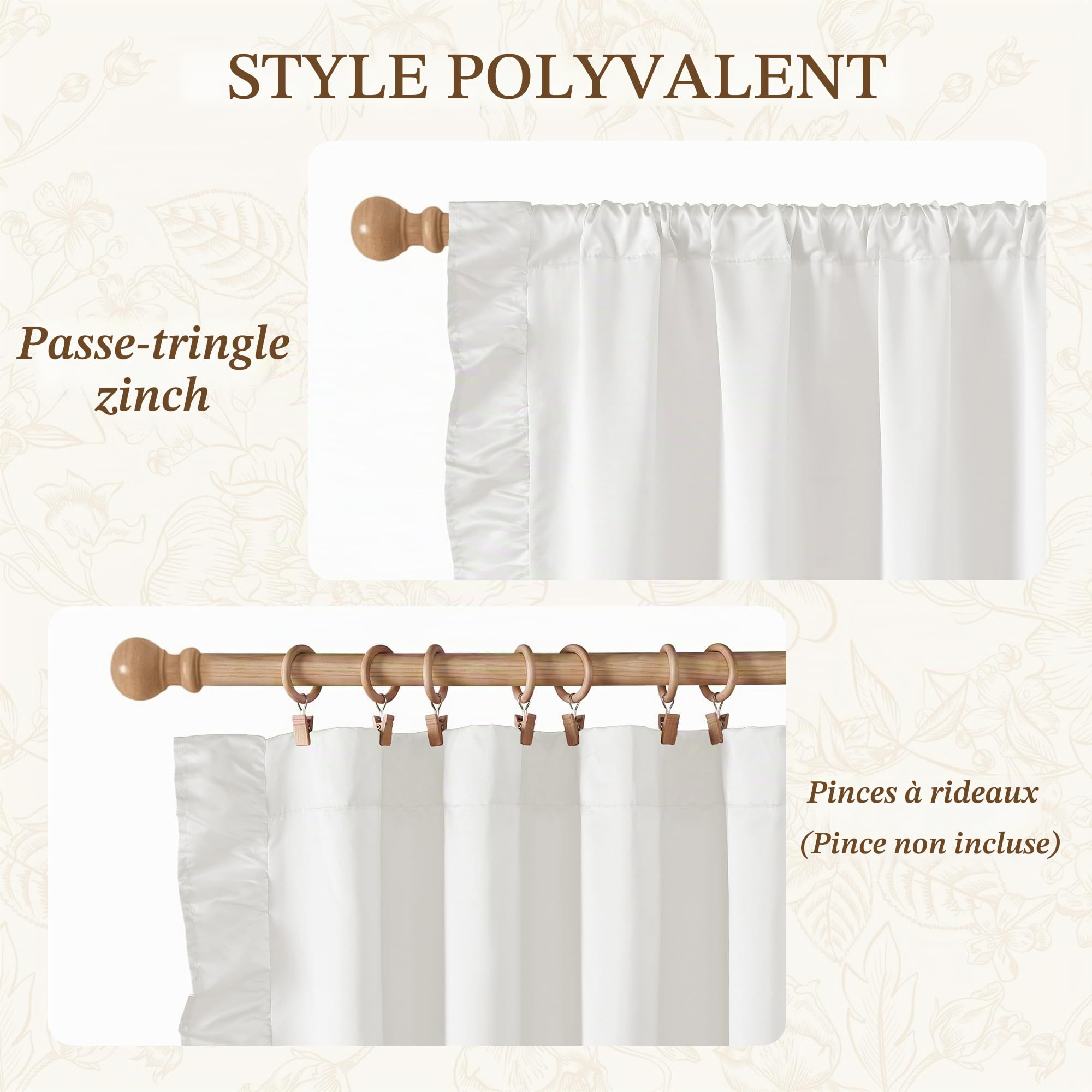 StangH Lot de 2 Rideaux à Volants pour Chambre à Coucher, Style Rustique Shabby Chic, Protection de l'intimité pour Salle à Manger, Salle de Bain, Salon, dortoir, Chalet, Campagne, Blanc, 132,1 x