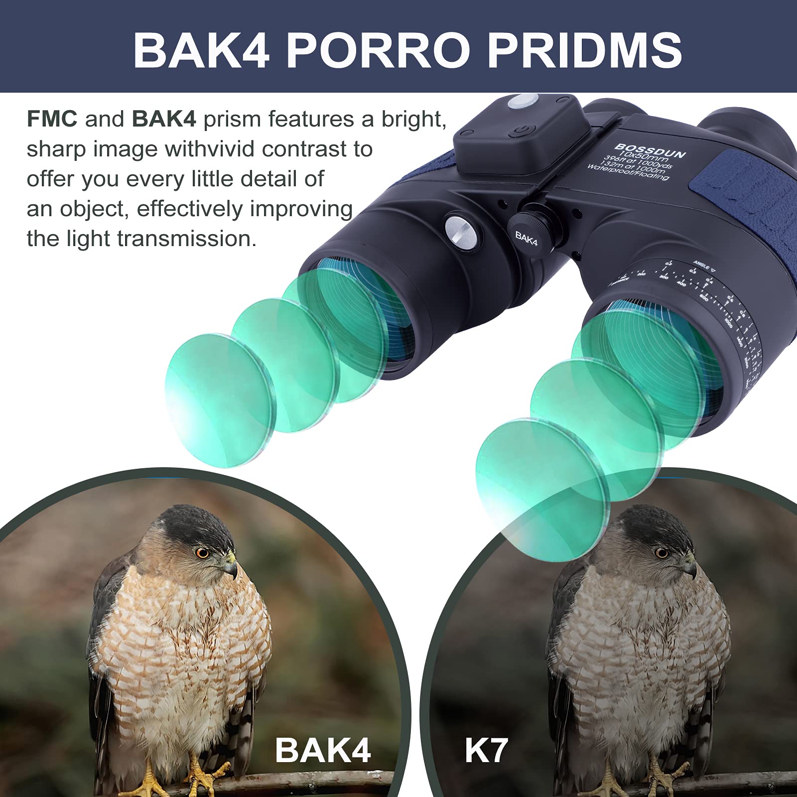 10X50 Prismáticos Marinos para Adultos Impermeable con Brújula Brújula BAK4 a Prueba de Niebla Prism Lens Binoculares Militar para Navegación Navegación Observación de Aves y Caza (LP02L)