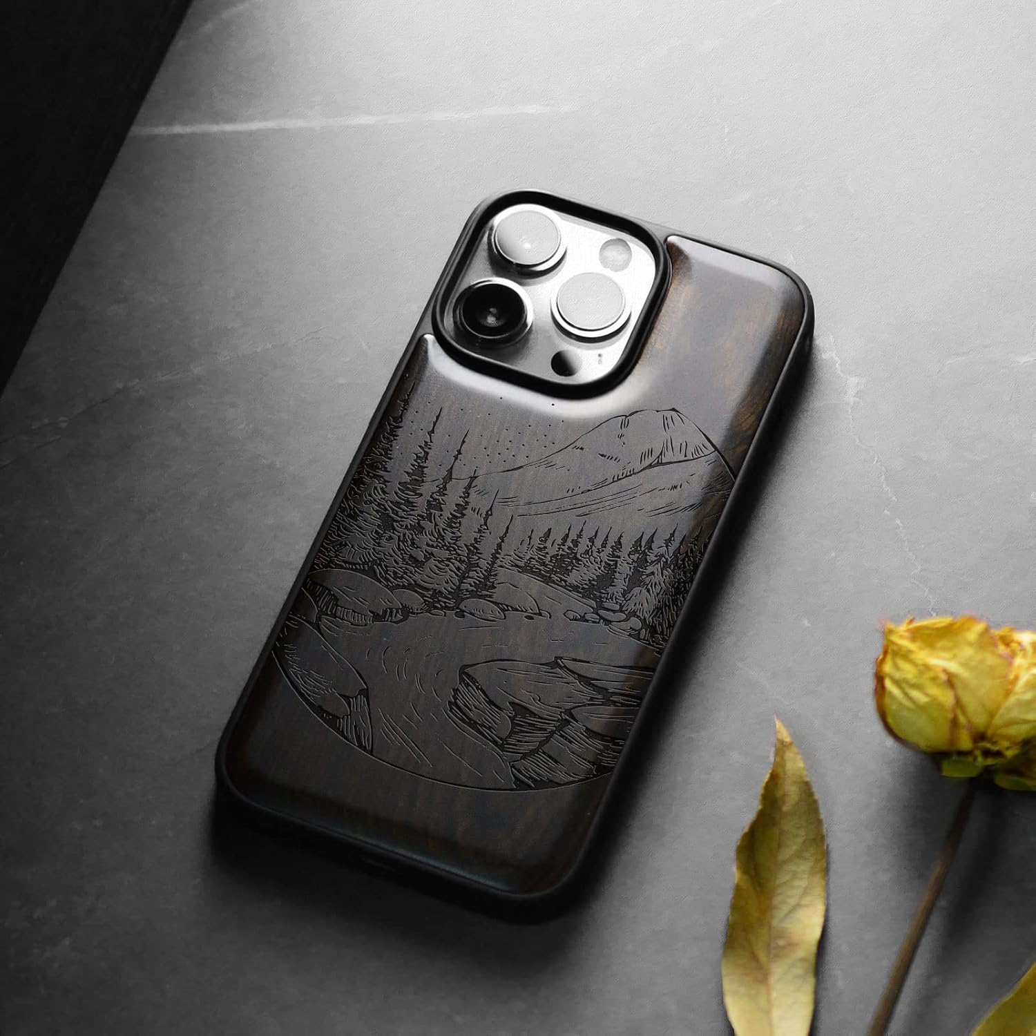 Carveit Magnetic Wood Case for iPhone 14 Pro Max [Natural Wood & Black Soft TPU] Unique & Classy Wooden Shockproof Protective Cover Compatible with magsafe (Natural Landscape -Blackwood)