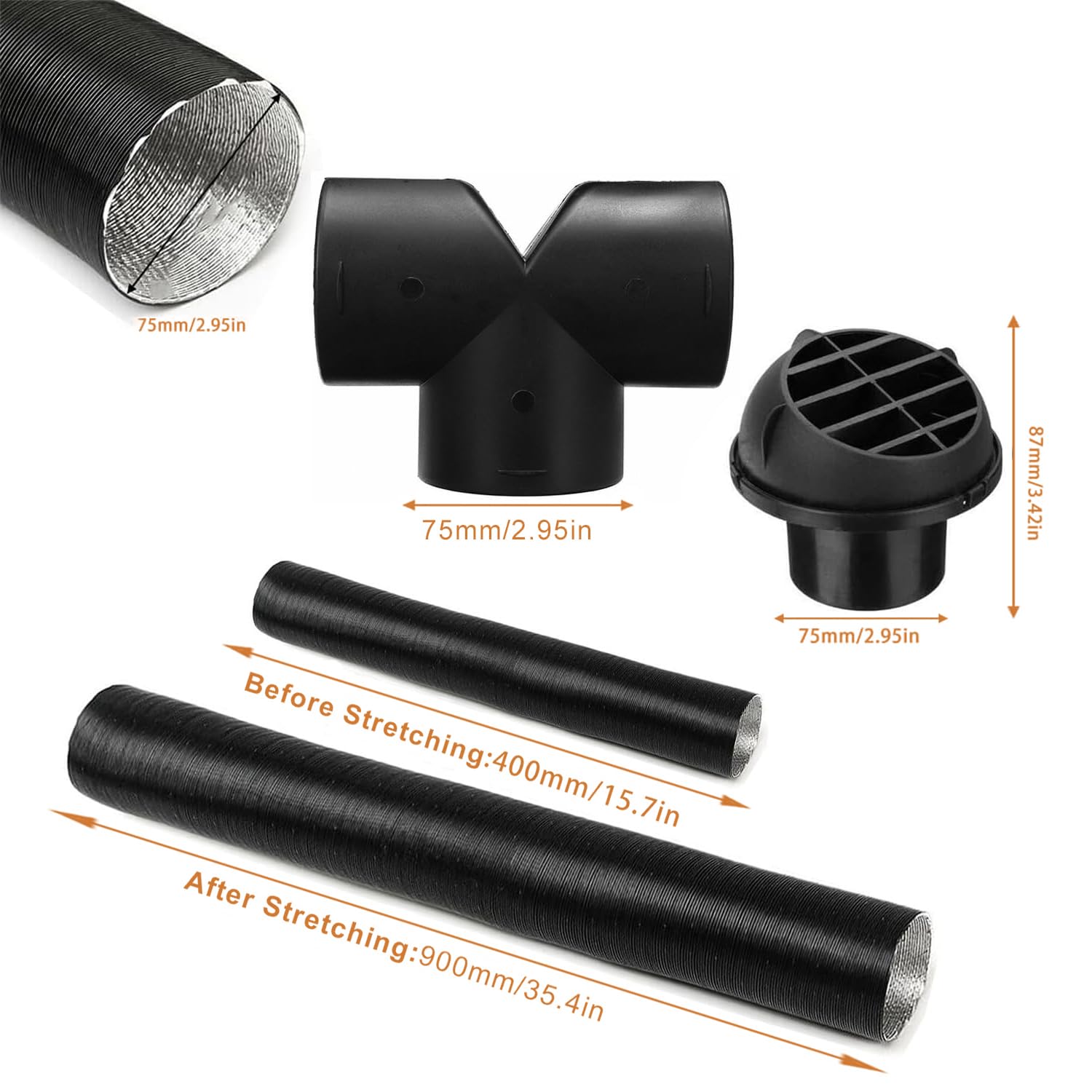 Kit condotto per riscaldatore diesel da 75 mm con raccordo a Y, sfiato
