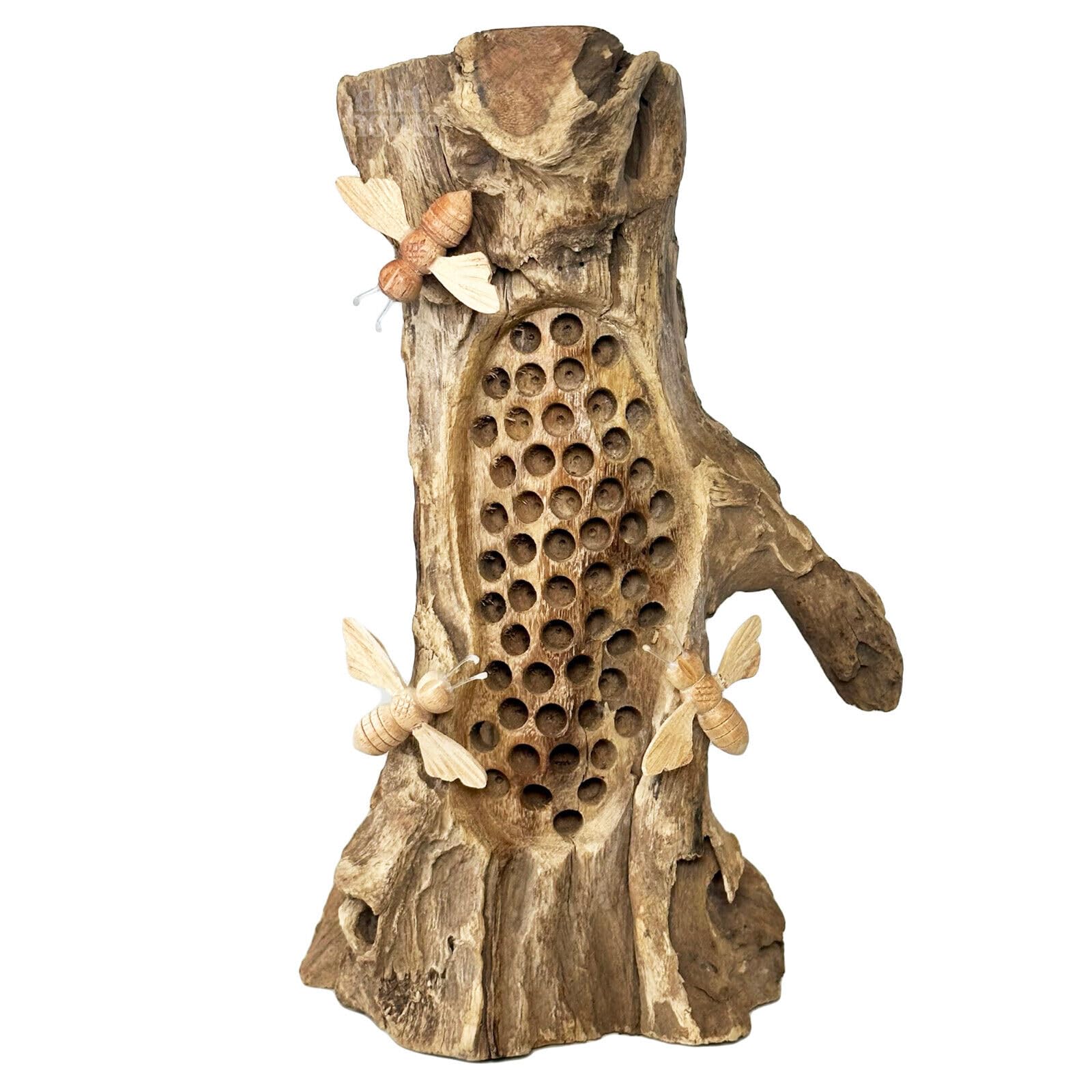 Darthome Teak Root Beehive Sculpture Hand Carved Rustic Wood 3 Honey Bees Decoration Gift 17x28x10cm