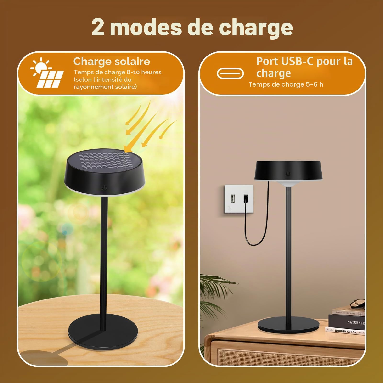 Lampe de Table LED Sans Fil & Solaire d'Extérieur avec Interrupteur Tactile, Rechargeable par USB, 3 Températures de Couleur, Intensité Variable en Continu pour Intérieur & Extérieur (Noir*Lot de 2)