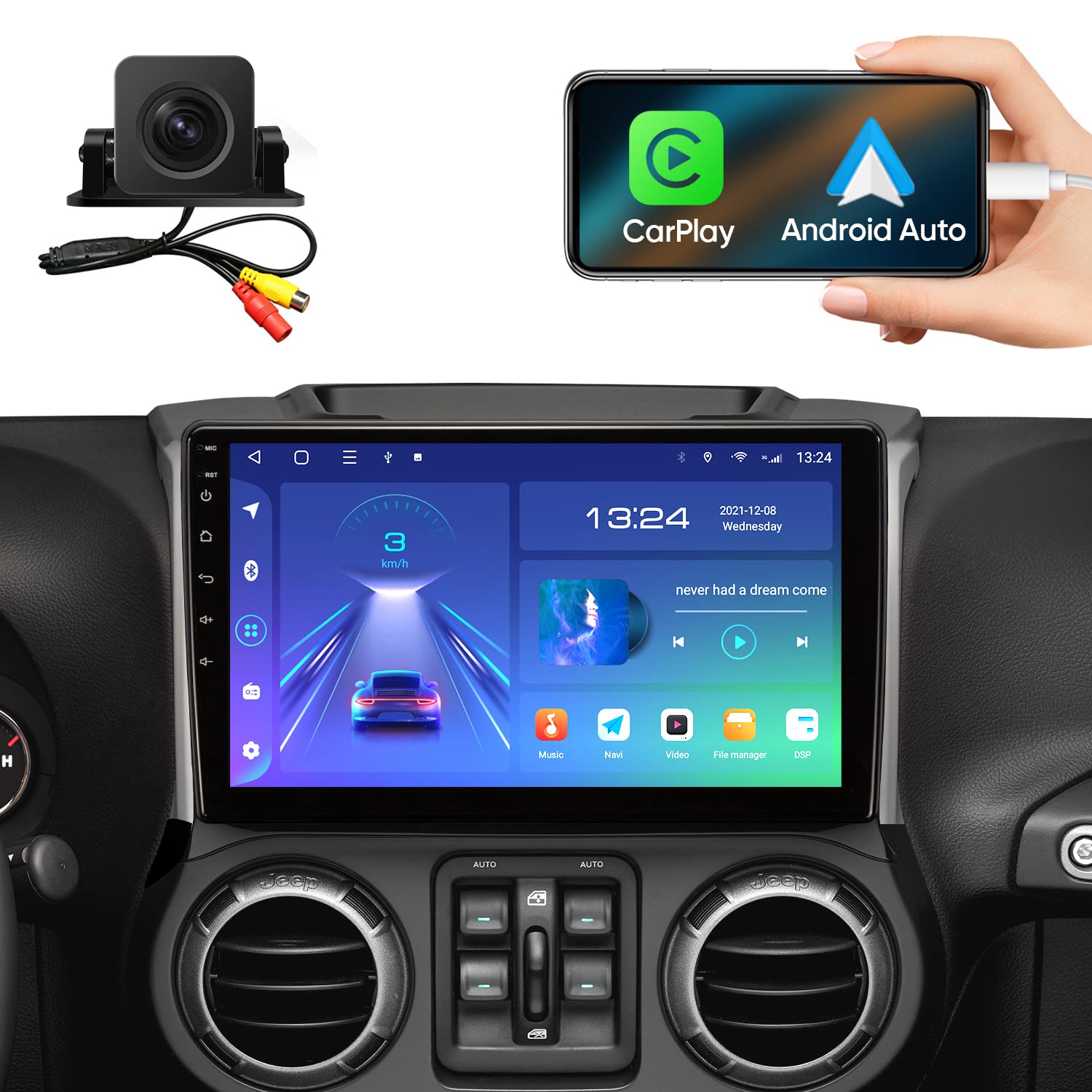 10.2 Inch Car Radio Stereo Navigation for Jeep Wrangler JK Compass Grand Cherokee Dodge Ram CarPlay Android Auto 5G WiFi 1280 * 720 Resolution with GPS 48EQ Airplay Rear 1080P Camera SWC