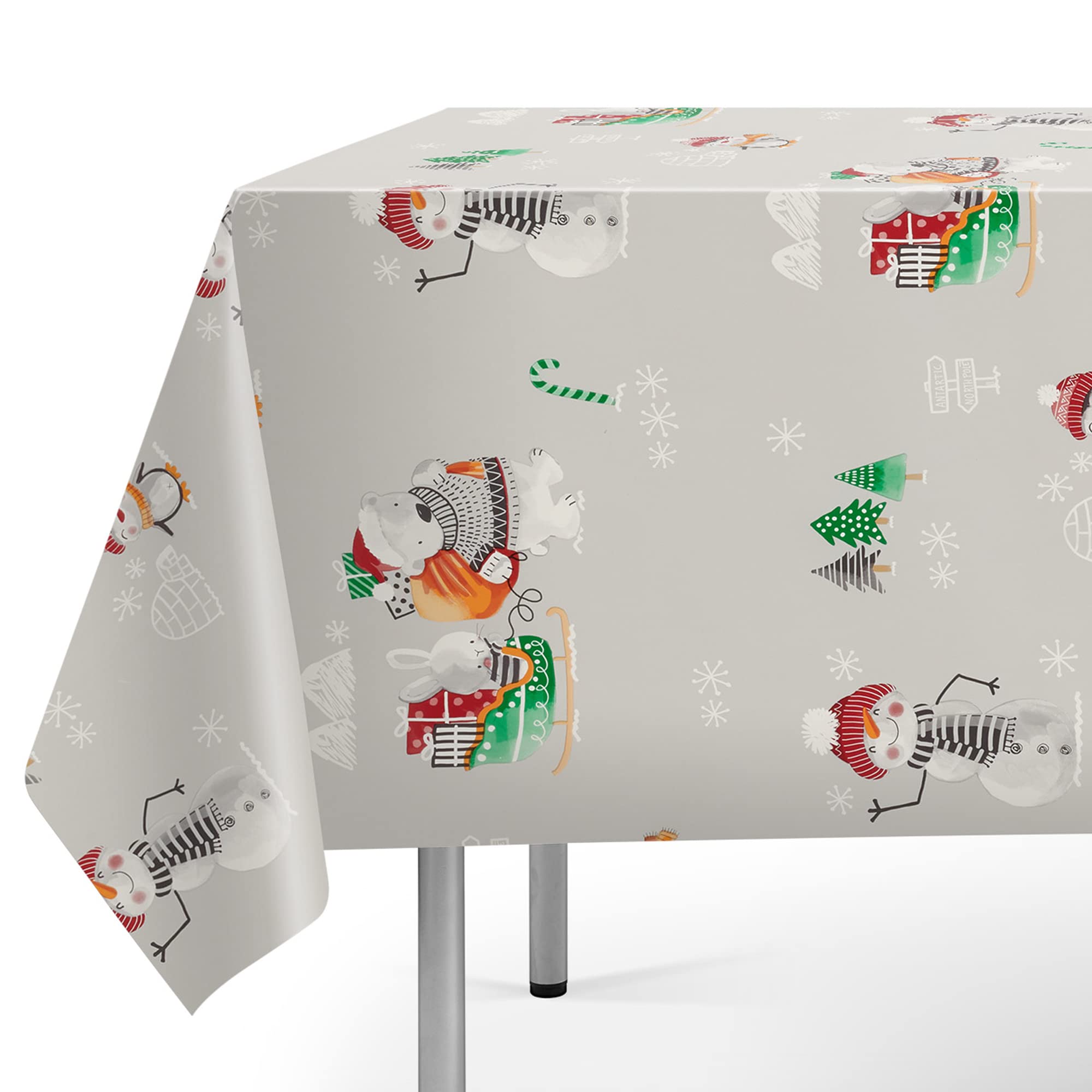 Jolee Tablecloths Grey Snowmen, Penguins & Polar Bears Christmas Wipe Clean Pvc Vinyl Large Tablecloth Cover - Rectangle, Square, Round Xmas Pvc Wipe Clean Tablecloth - (, 140Cm Round)
