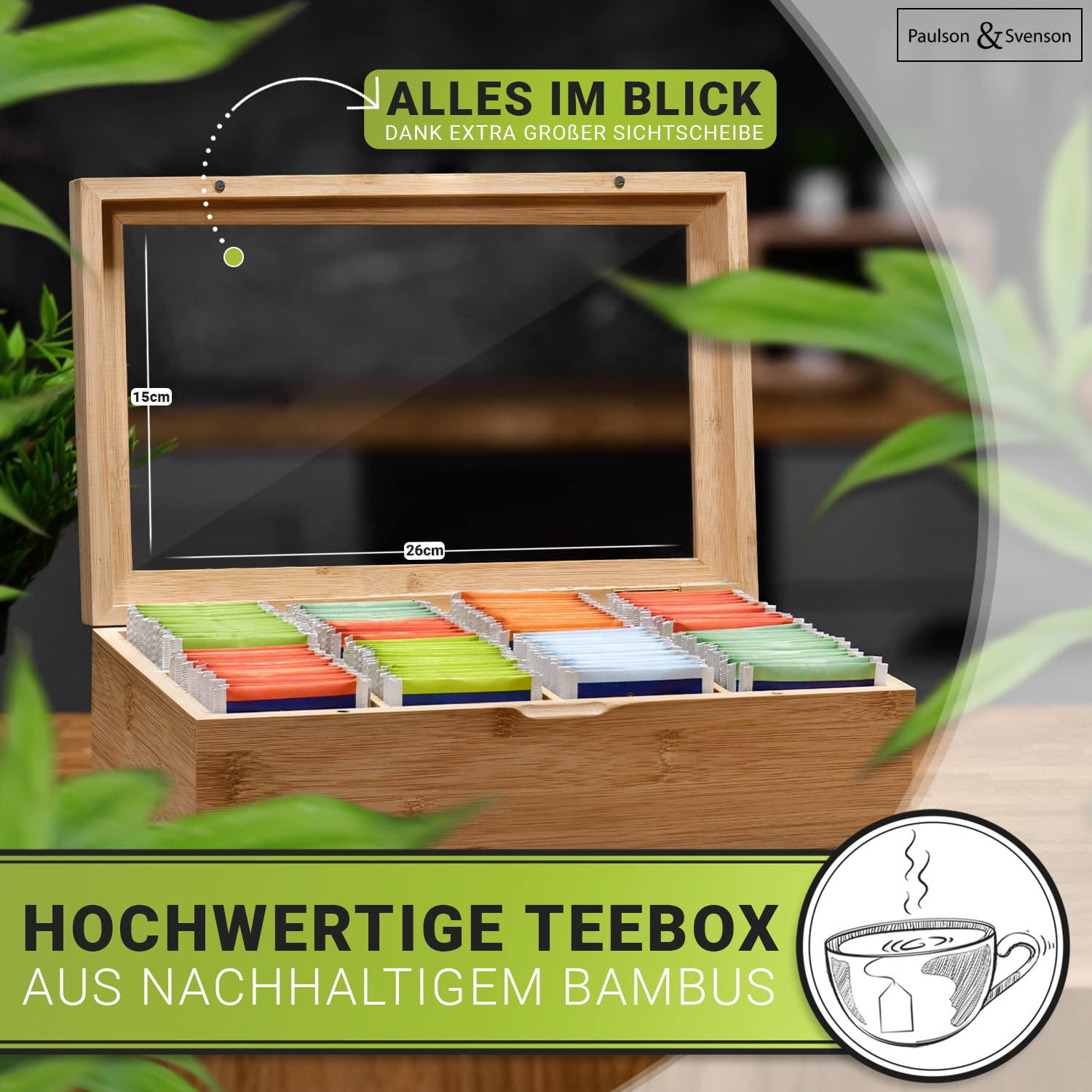 COM-FOUR® opbergdoos voor theezakjes - theedoos van bamboehout met 8