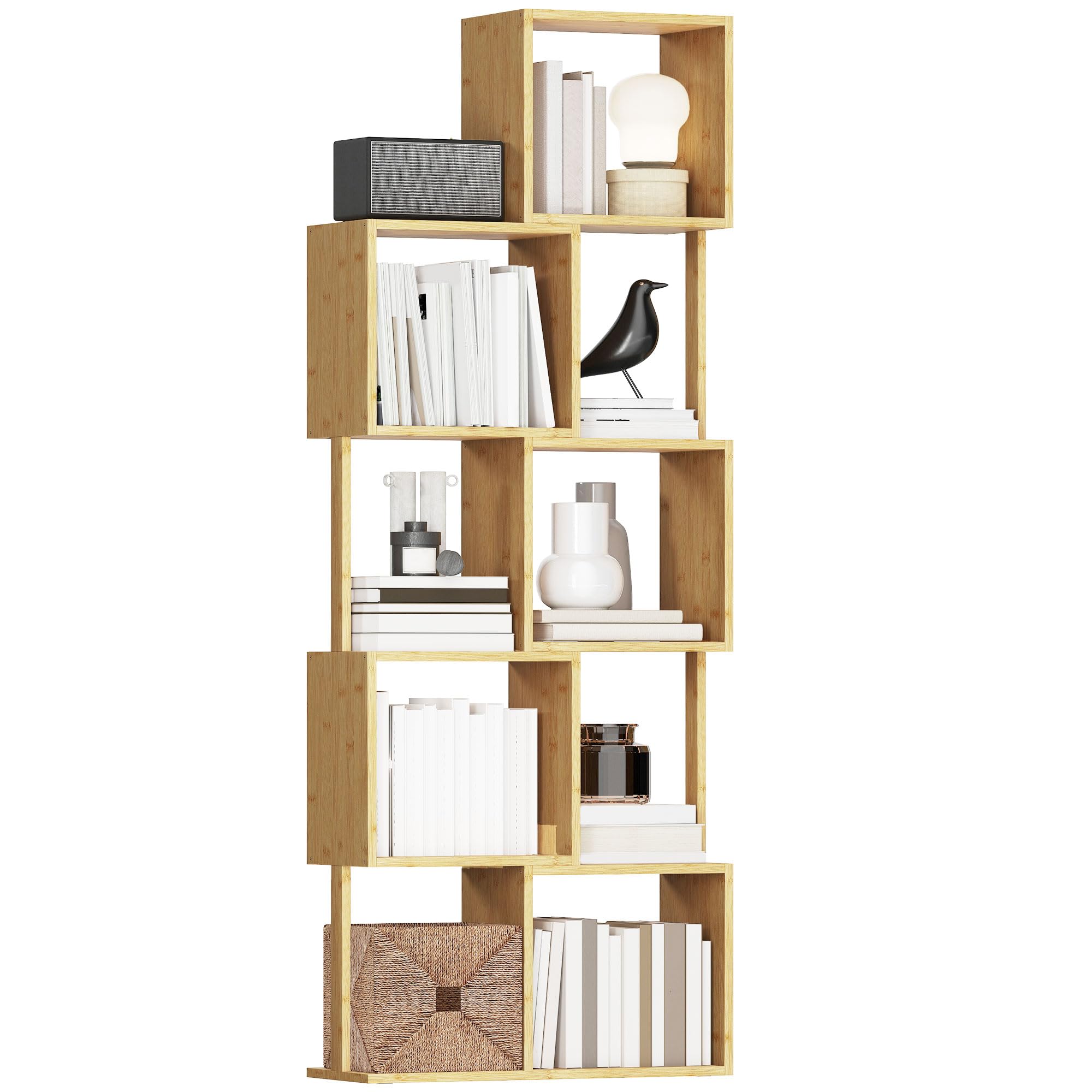 HOMCOM Libreria Scaffale a 5 Ripiani Suddivisi in Bambù a Forma di S, Libreria Verticale Salvaspazio Slim, Scaffale Portaoggetti per Soggiorno, Camera da Letto e Ufficio, 62.5x23x165 cm, Color Legno