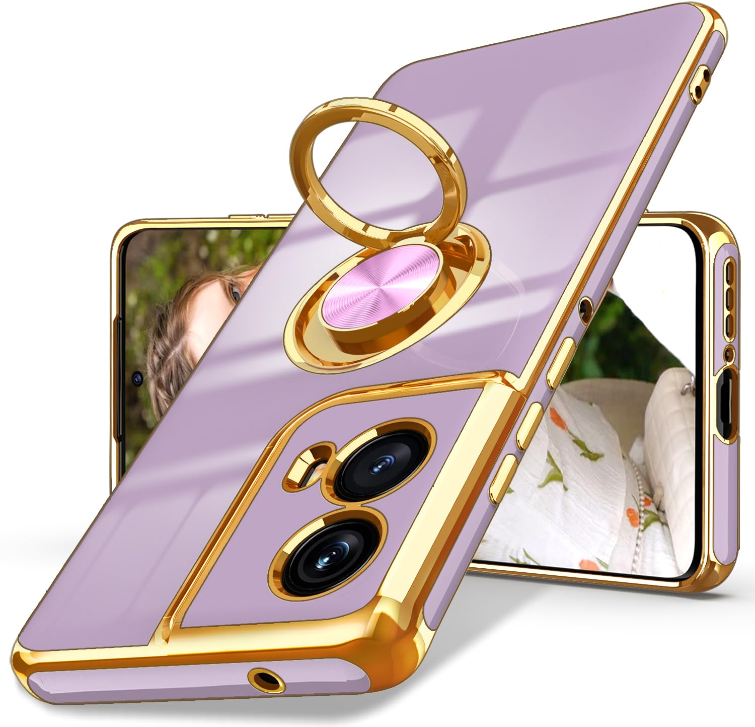 Dretal for Motorola Moto Edge 5G 2024 Case, 360° Rotatable Ring Holder Magnetic Kickstand,Plated Gold Edge Slim Soft TPU P...