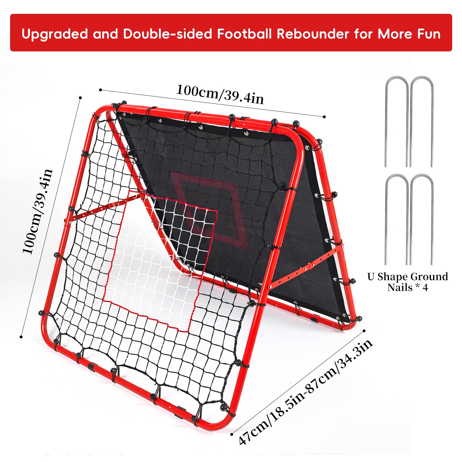 Rebounder für Fußball Doppelseitiges und Verstellbares fußball rebounder 100 x 100 x 87 cm Rückstoßziel Tragbares Fußball Trainingsgerät Fußballtor für Schuss Pass und Ballannahmetraining
