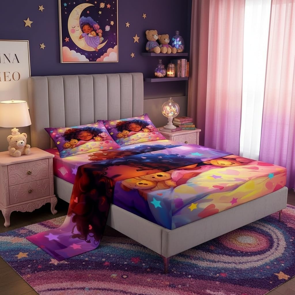 Parure de lit étoiles colorées grand lit drap-housse et plat