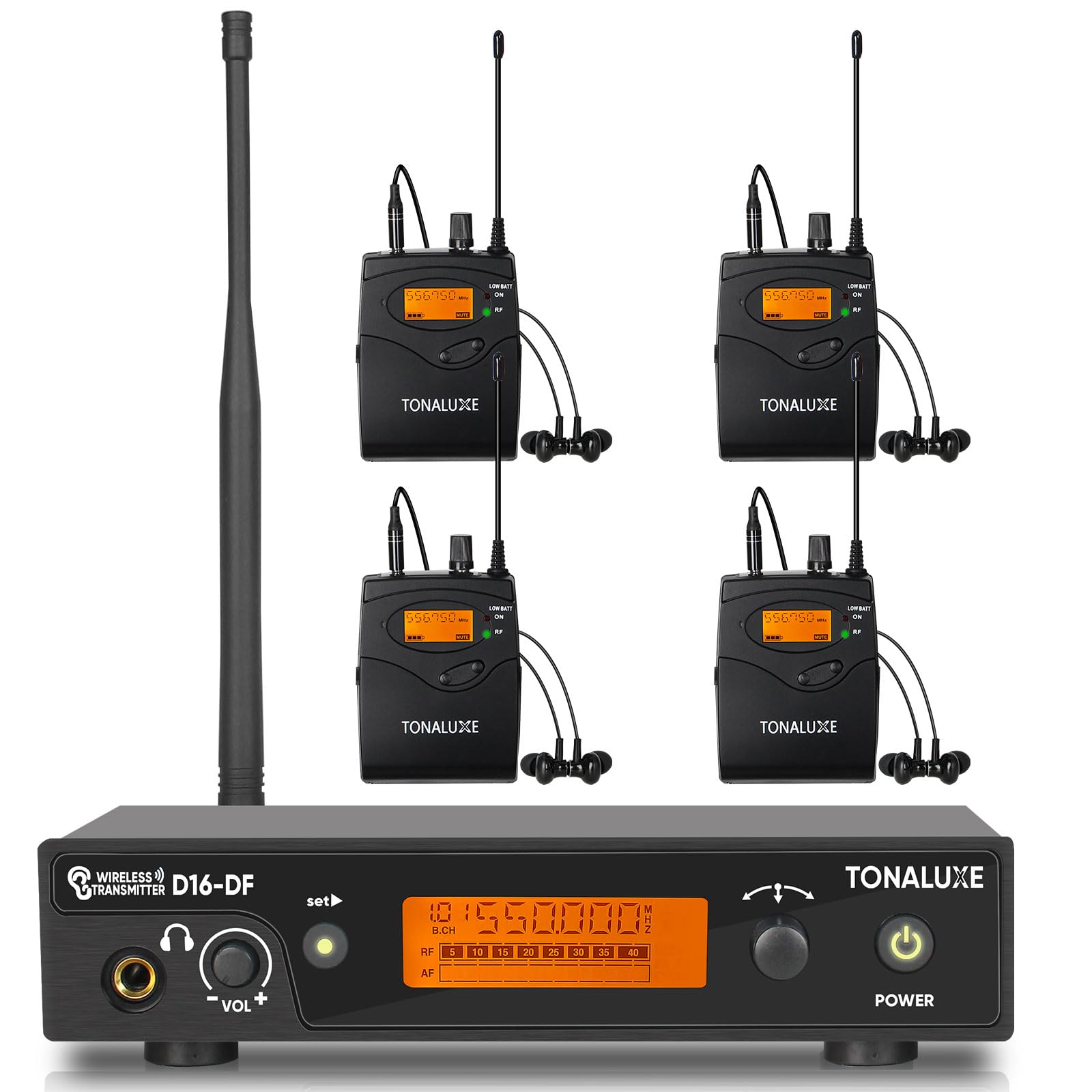 Kabelloses In-Ear-Monitorsystem, Stereo-Mono-IEM-System mit Metall-Rackmount-Sender, 4 Stück UHF-Bodypack-Empfänger mit Kopfhörern, 100 einstellbare Frequenzen, 80 m Reichweite für