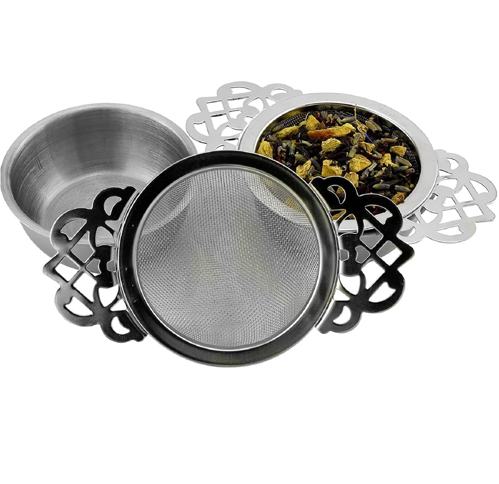 Empress Tea Strainers with Drip Bowls (2-Pack); Elegant Stainless Steel Loose Leaf Tea Strainers