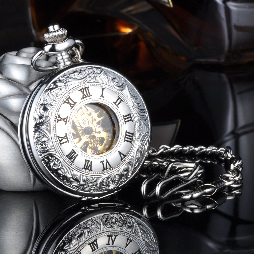 Unendlich U Montre de Poche mécanique, Montre de Poche Chiffres Rétro Creux Squelette en Acier, Montre Pendentif pour Homme Femme, avec Deux chaînes, Cadeau de Noël et Anniversaire