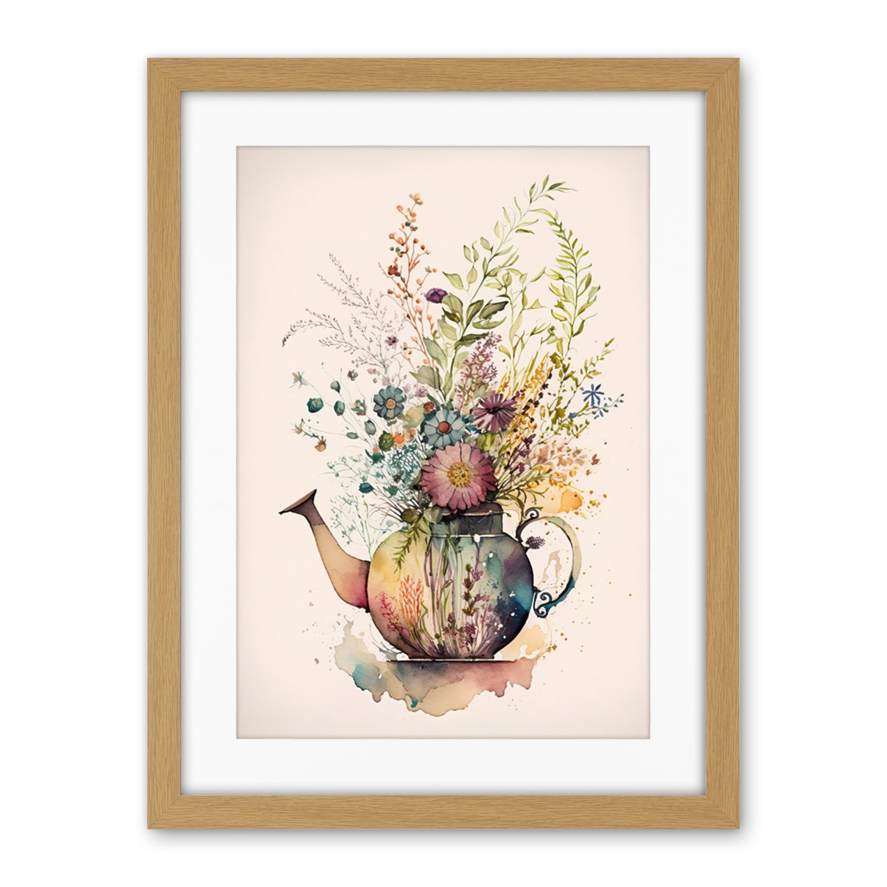 Artery8 Wildflower Floral Spring Bouquet in a Teapot Vase Artwork Framed Wall Art Print 18X24 Inch