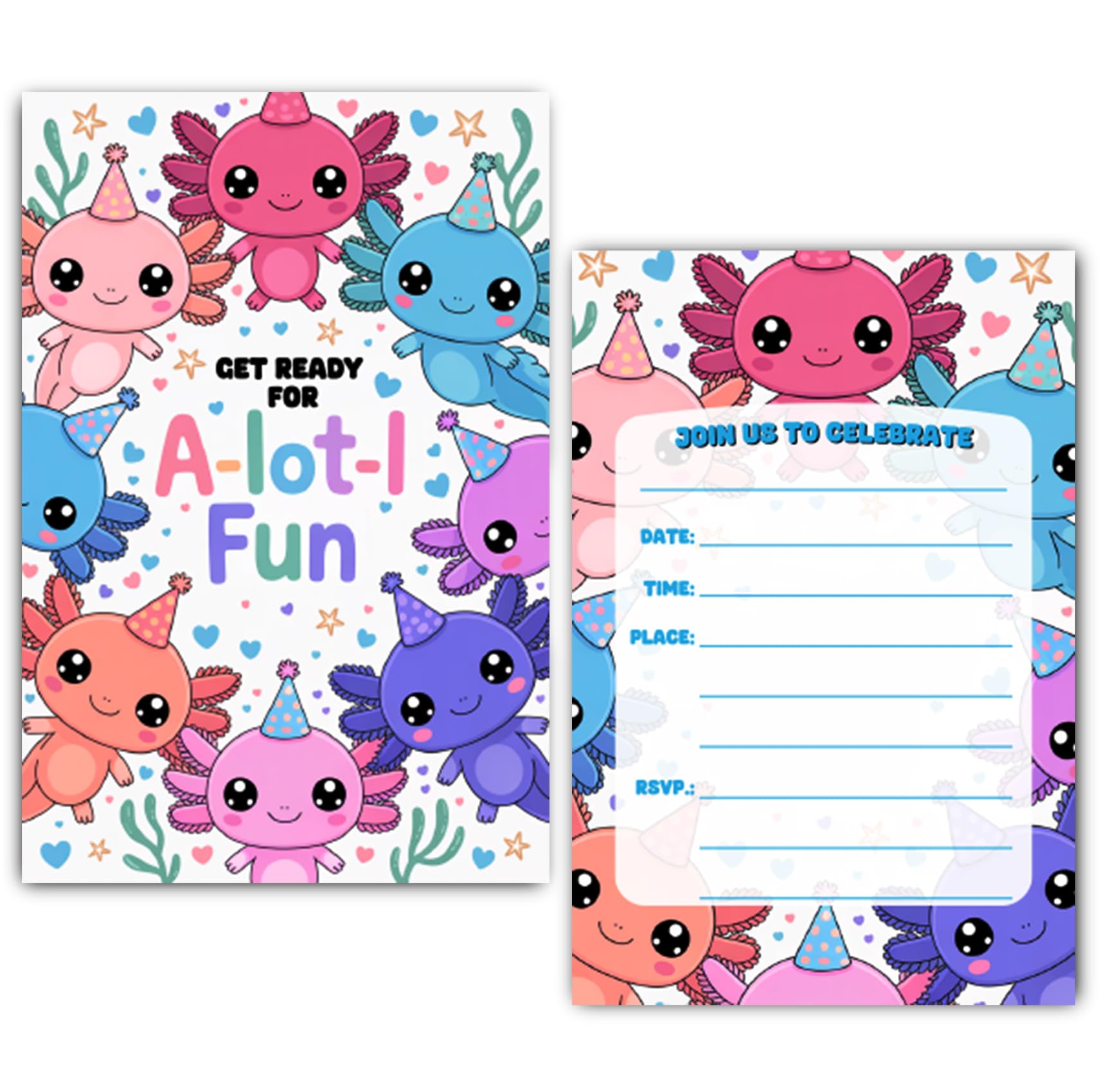 Axolotl Party Invitation for Boys, 30 Cards With 30 Envelopes