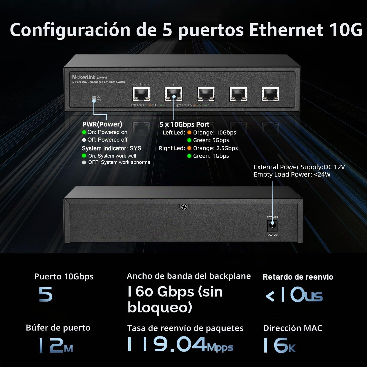 MokerLink - Conmutador Ethernet no administrado de 5 puertos 10G, 10G/5G/2.5G/1G autoadaptativo, plug and play, de metal para escritorio|montaje en rack