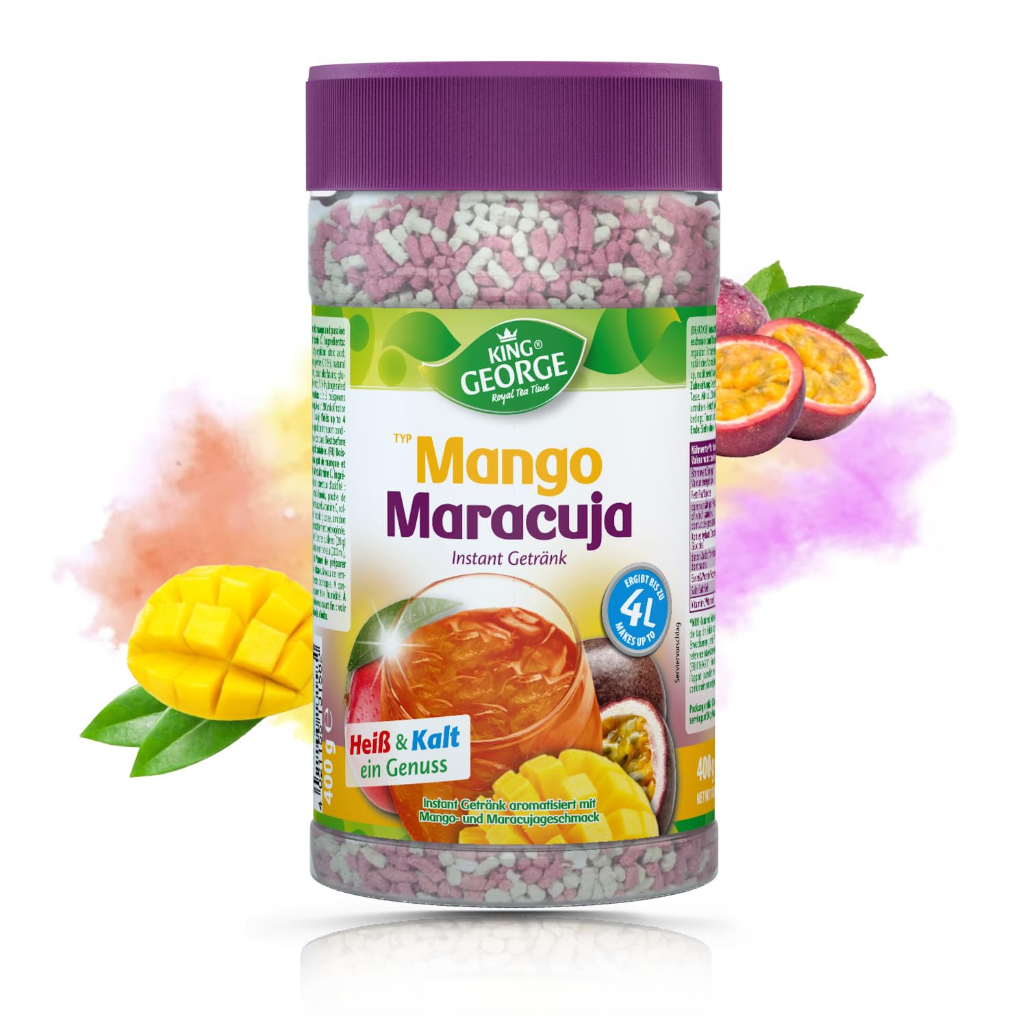 KING GEORGE - Royal Tea Time, sabor a maracuya, bebida instantánea de 6 x 400 g, 1 lata da hasta 4 litros de bebida refrescante caliente y fría