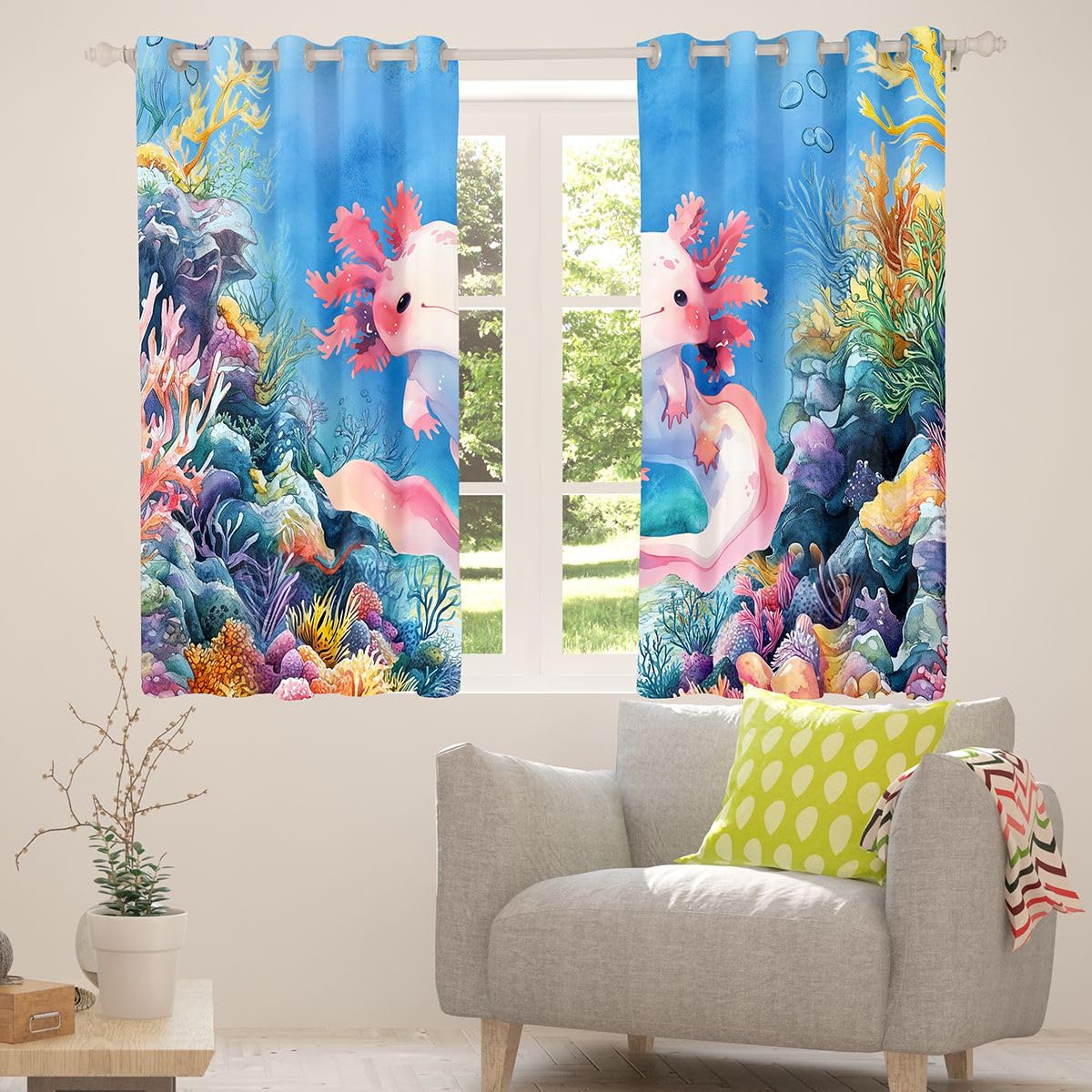 Homemissing Axolotl - Tende oscuranti per camera da letto e soggiorno, motivo animali marini in stile cartone animato, tende oscuranti con salamandra, 2 pannelli, 132 x 228 cm, decorazione per la