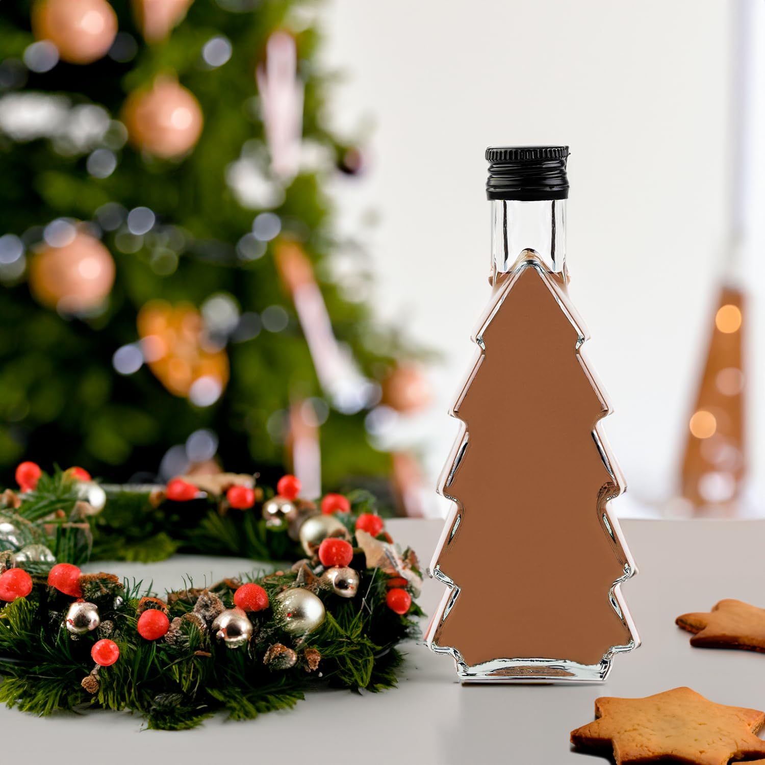 Szklane butelki choinkowe 250 ml – 5 sztuk – puste szklane butelki z korkiem do napełniania likierów, nalewek, syropów lub prezentów (drzewko bożonarodzeniowe 250 ml x 5 sztuk)