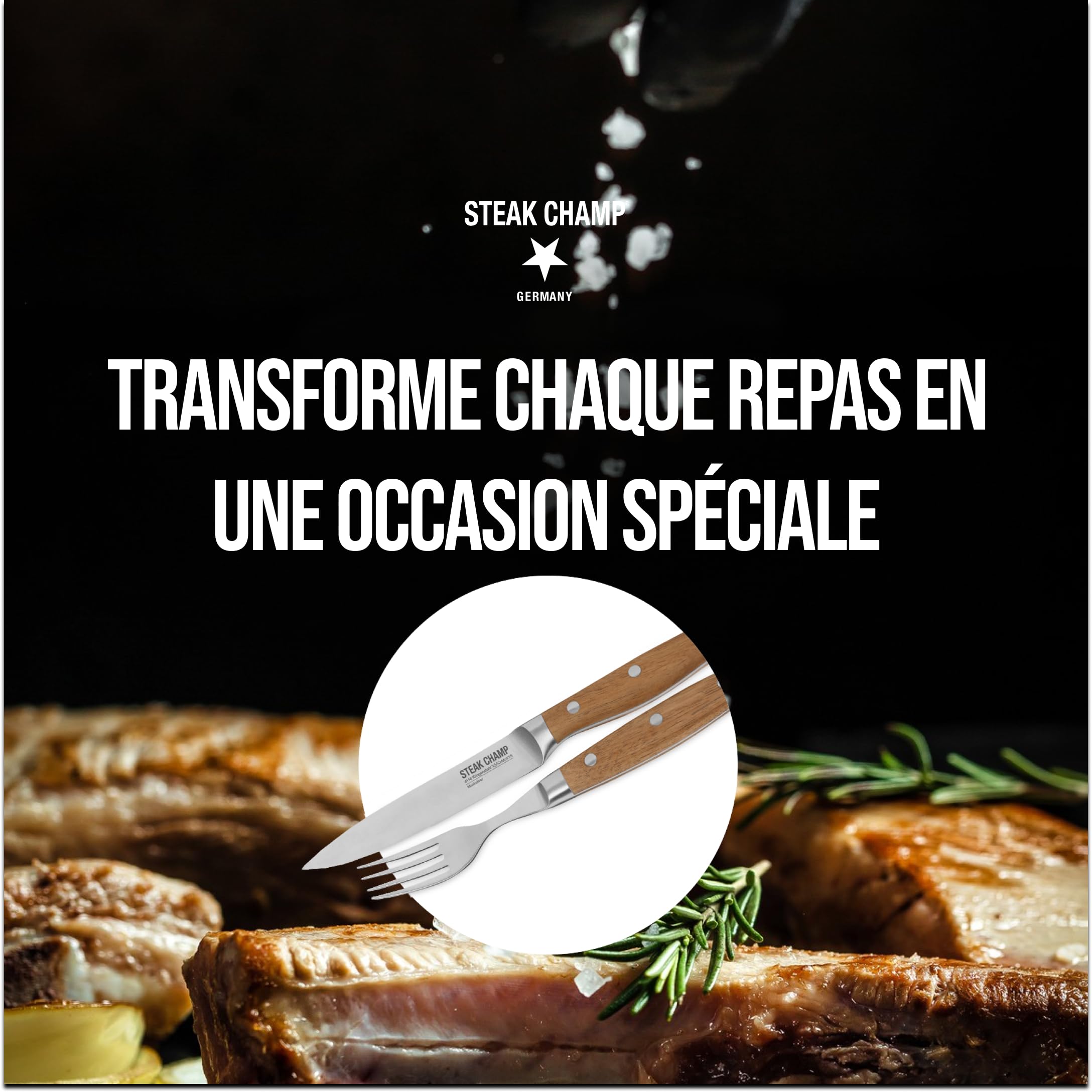 Fourchette à viande et couteau à steak Steak Champ, 2 x 2 pièces : Fourchettes et couteaux en acier à lame, affûtés au micro-ondes, set de 4 pièces, boîte en bois incluse
