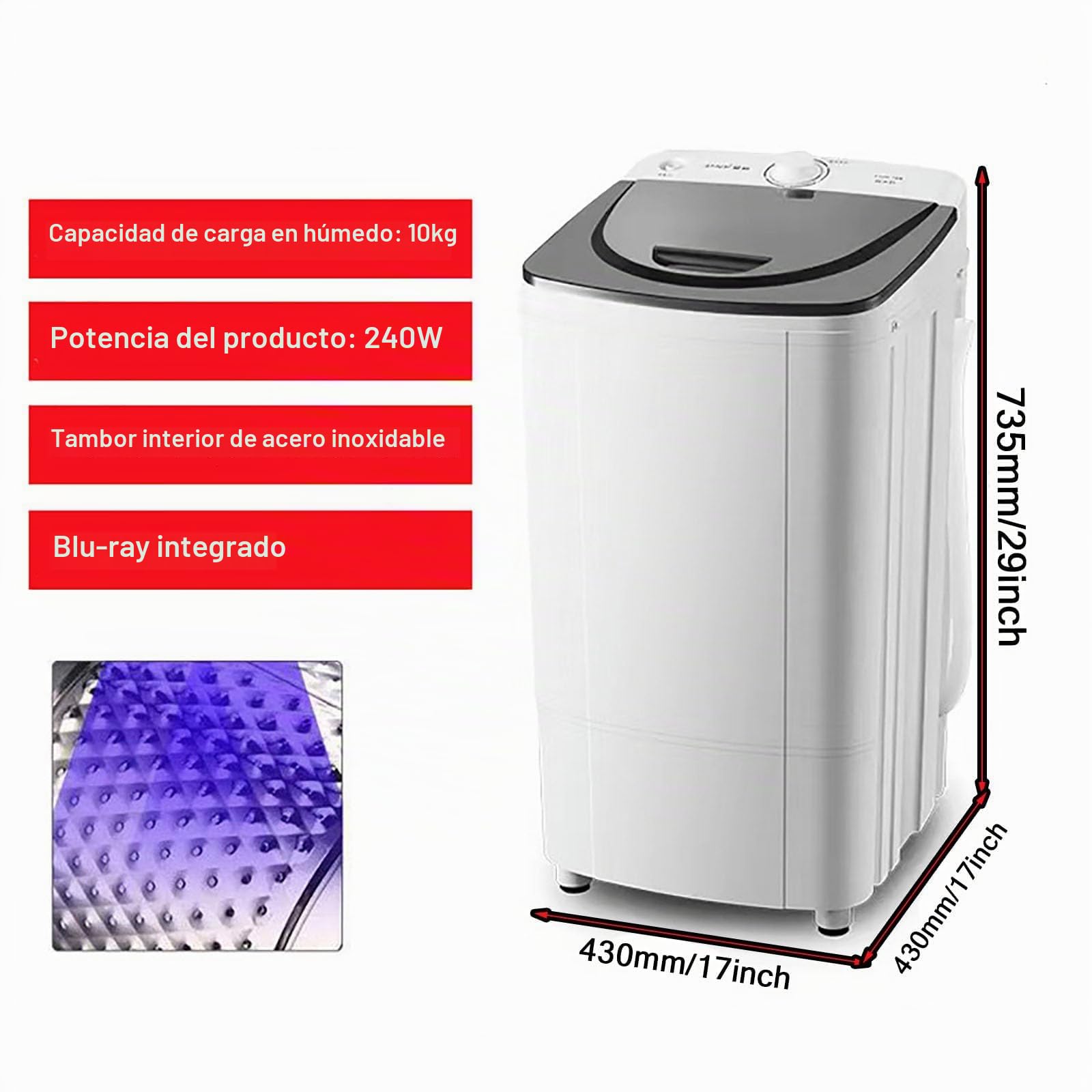Secadora portátil con tambor de acero inoxidable, ciclo de 5 minutos de eficiencia energética, ideal para espacios compactos y uso al aire libre