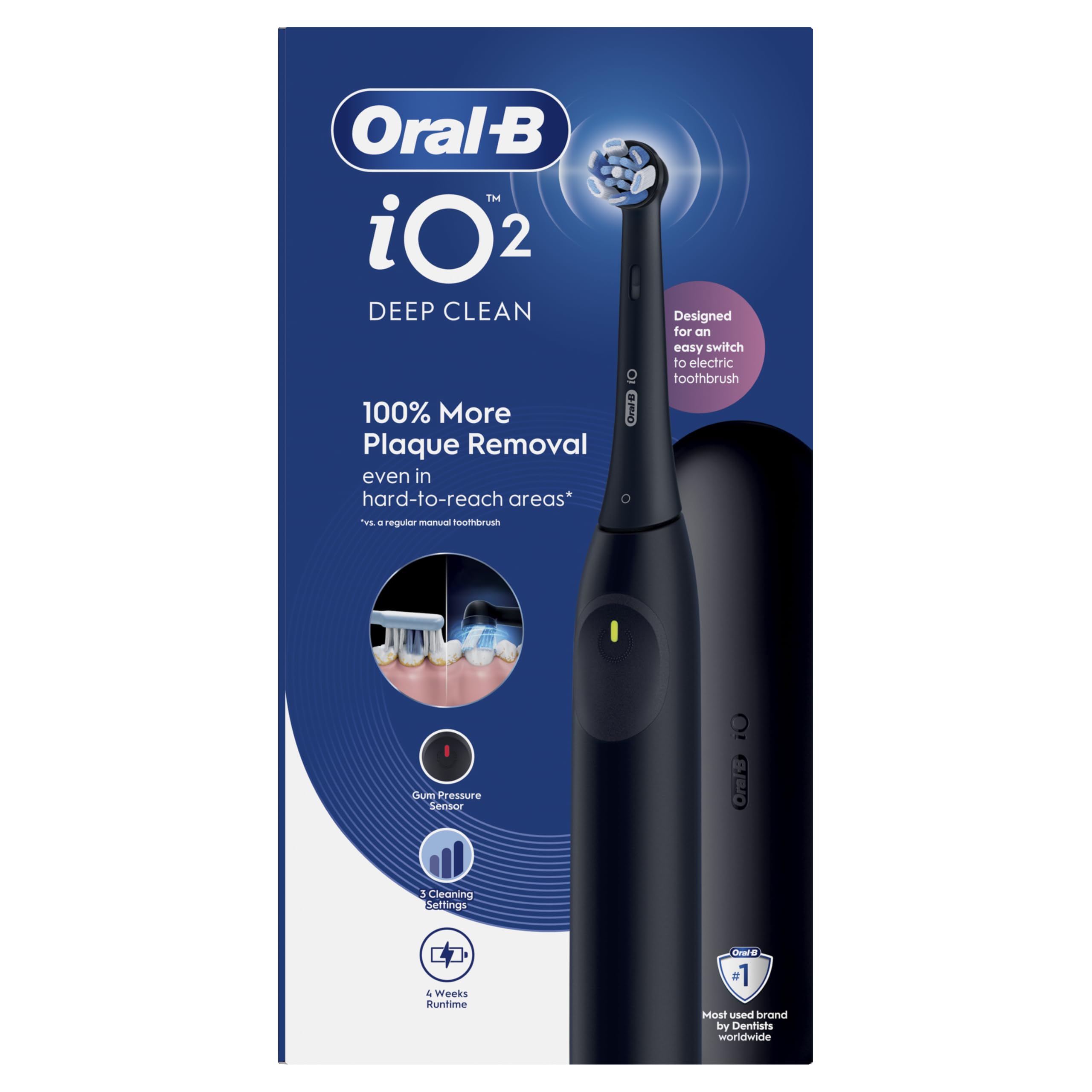 Oral-B Cepillo de dientes eléctrico iO2 Night Black, 1 cabezal de cepillo de dientes, 1 estuche de viaje, diseñado por Braun