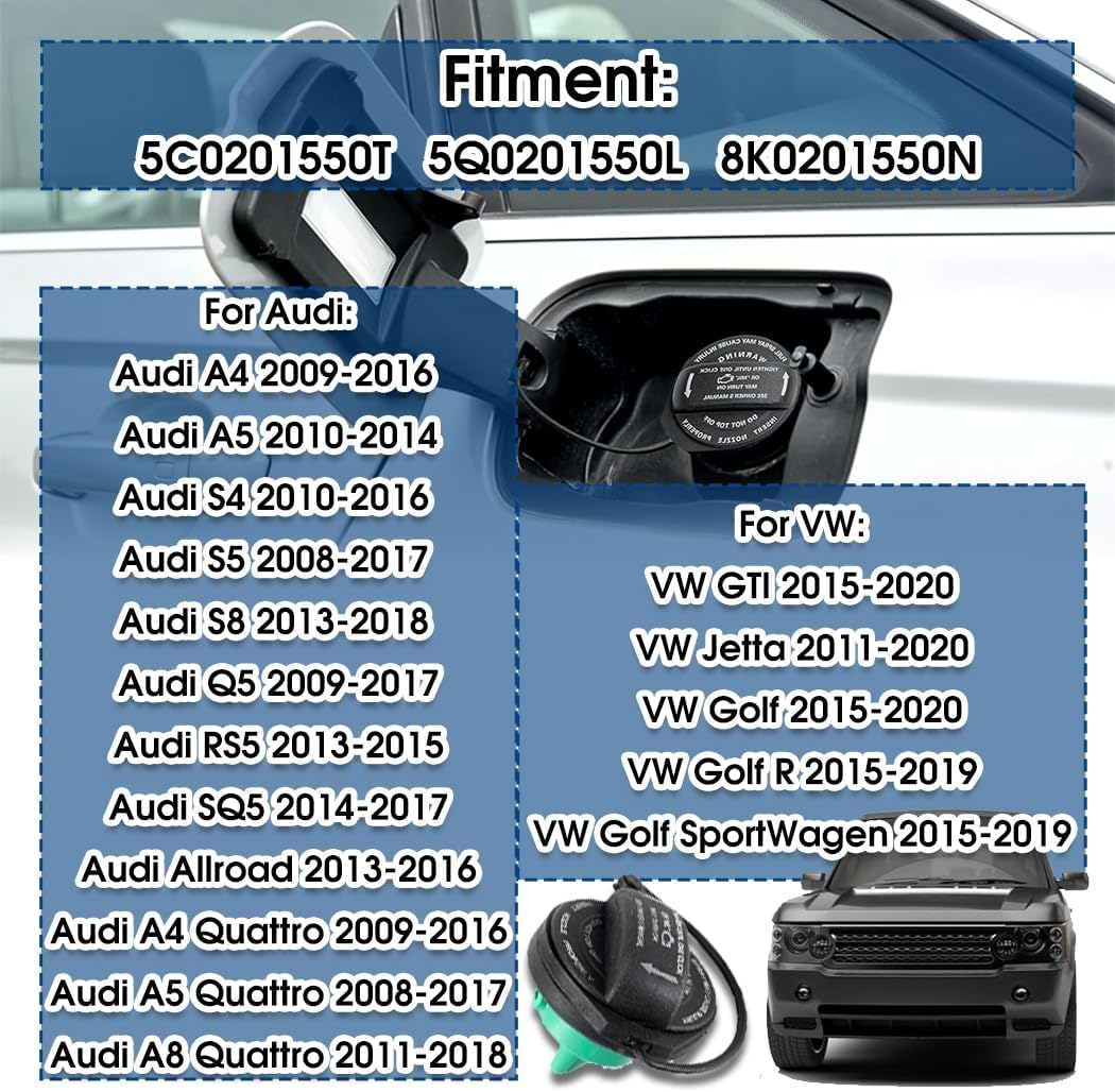Car Gas Cap, Fuel Cap for Audi Volkswagen VW Jetta Golf GTI Tiguan | Audi Q7 A4 A5 A8 S4 S5 S8 Q5 RS5 2008 2009 2010 2011 2012 2013 2014 2015 2016 2017-- 2020 Replace 5C0-201-550-T, 8K0201550C