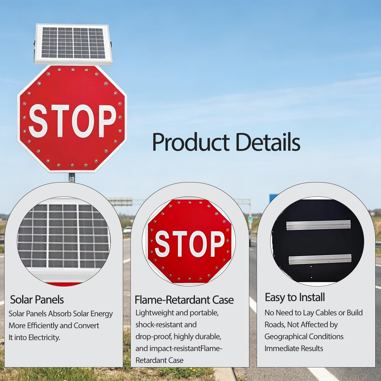 Señal de Tráfico Solar Octogonal, Cartel Reflectante con Energía Solar, Visibilidad 500 m, Marco en Aluminio, para Vías Rurales, Cruces Viales y Zonas Industriales(24")