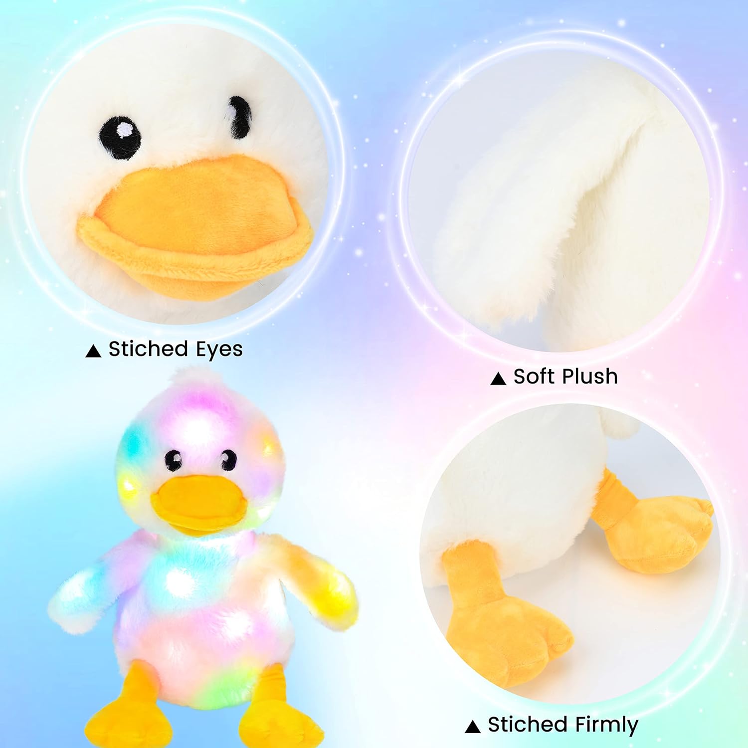 Hopearl LED Plush Duck Lighting Up Stuffed Duckling Farm Animal Floppy Night Lights Glow in The Dark Birthday Gifts for Kids Toddler Girls, White, 12''